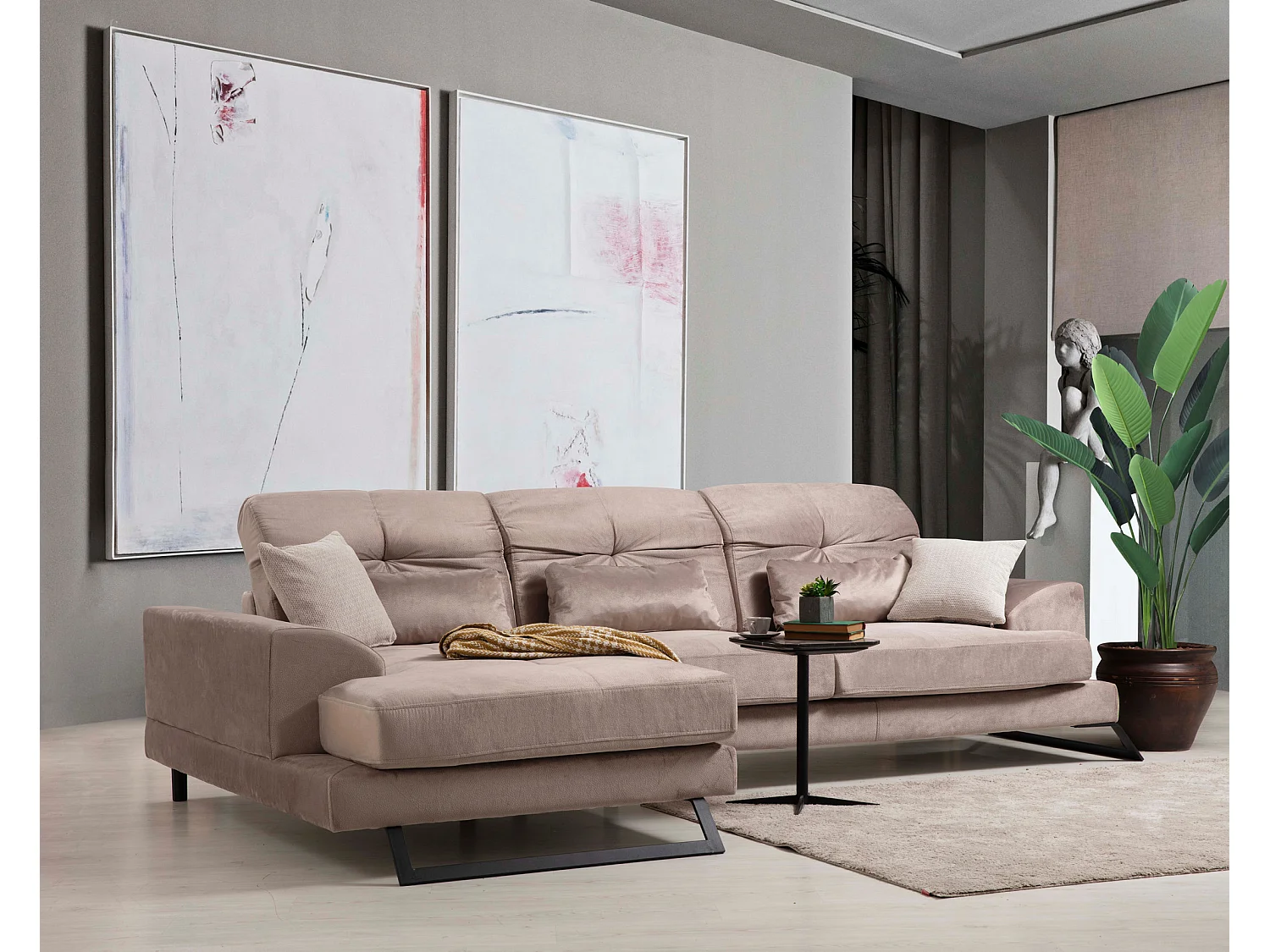 Canapé d'angle gauche velours beige avec têtières relevables et pieds metal noir Briko 308cm