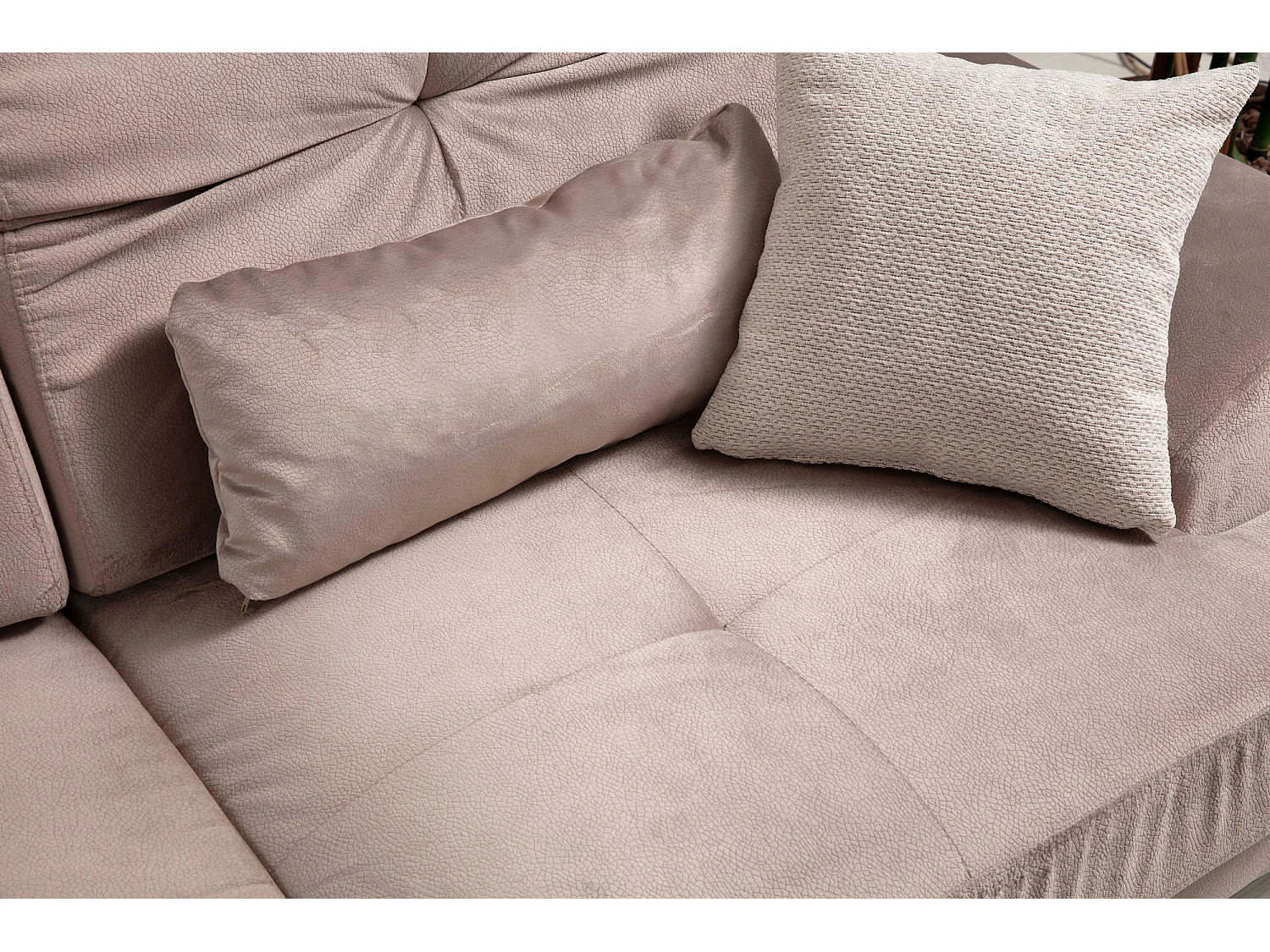 Canapé d'angle gauche velours beige avec têtières relevables et pieds metal noir Briko 308cm