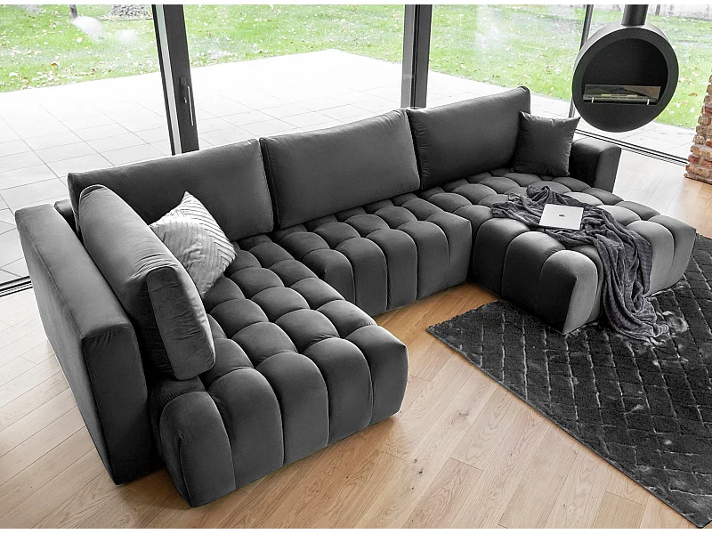 Canapé panoramique convertible design capitonné tissu doux noir méridienne droite Boston 350cm