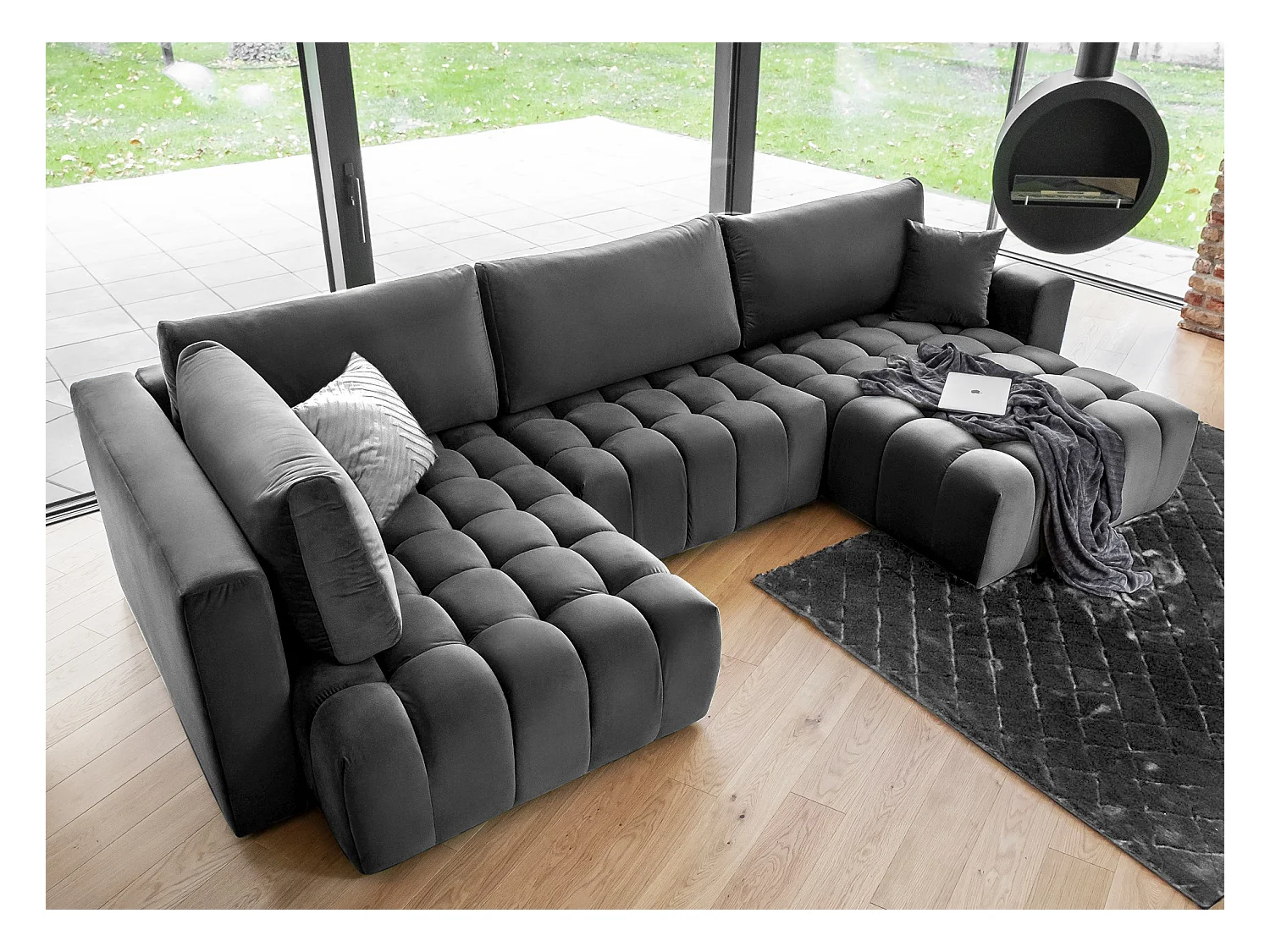 Canapé panoramique convertible design capitonné tissu doux noir méridienne droite Boston 350cm