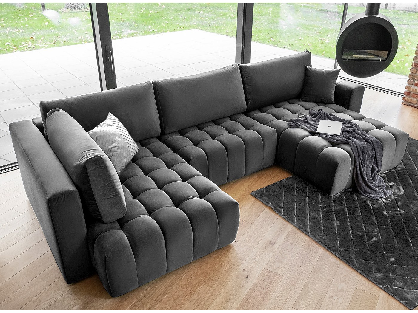 Canapé panoramique convertible design capitonné tissu doux noir ...