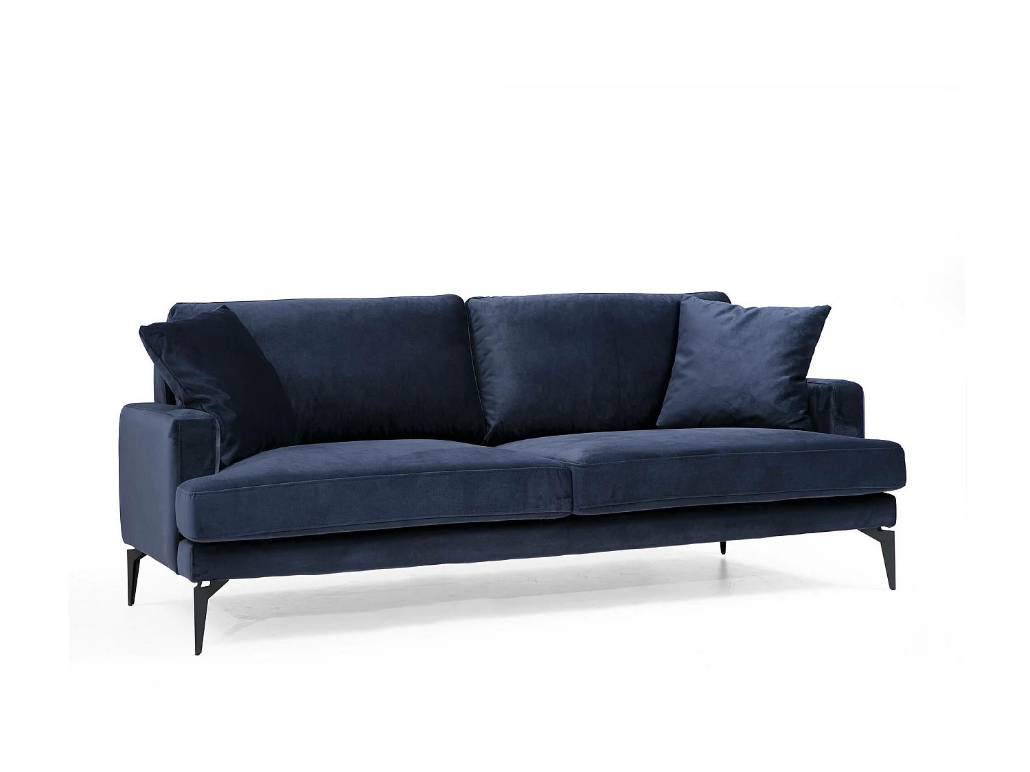 Canapé 3 places design tissu velouté bleu marine et pieds métal noir Kombaz 205cm