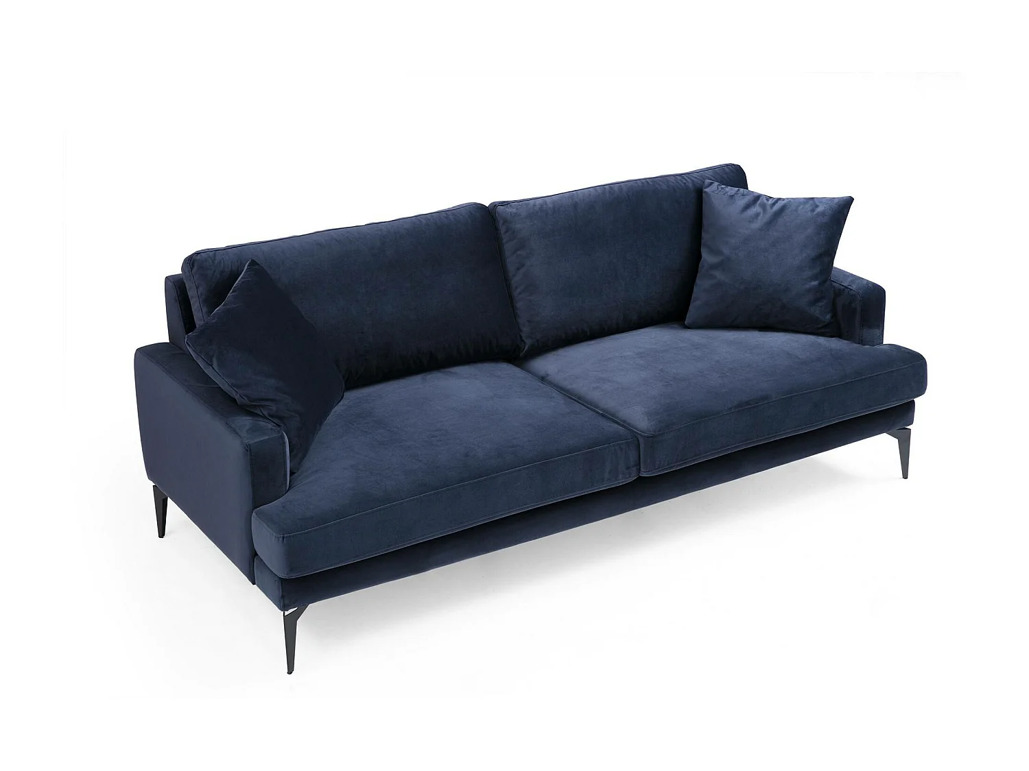 Canapé 3 places design tissu velouté bleu marine et pieds métal noir Kombaz 205cm