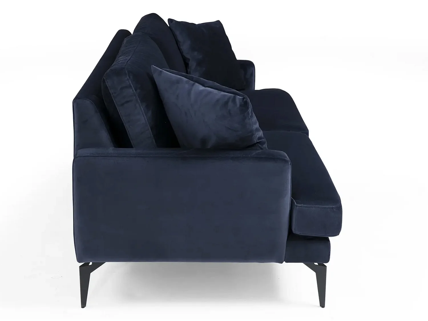 Canapé 3 places design tissu velouté bleu marine et pieds métal noir Kombaz 205cm