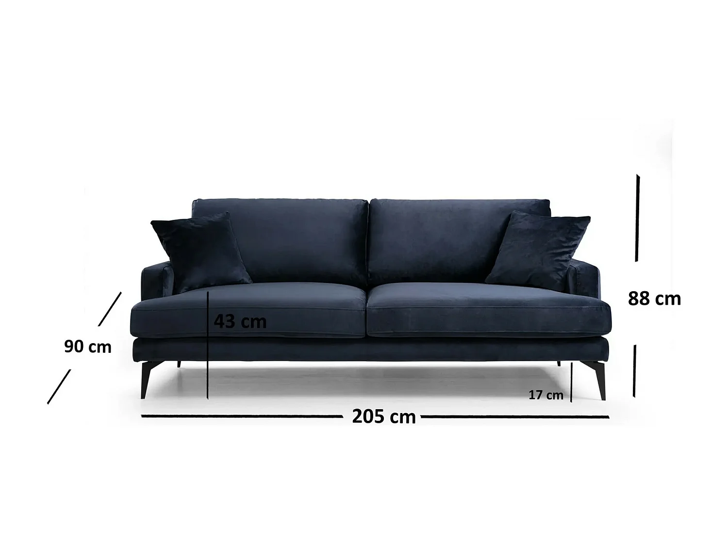 Canapé 3 places design tissu velouté bleu marine et pieds métal noir Kombaz 205cm