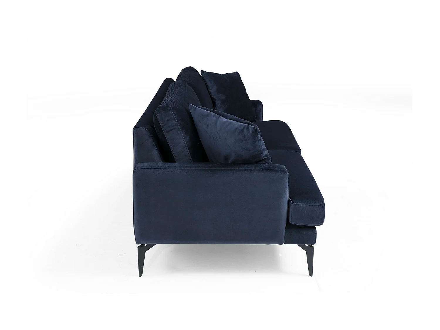 Canapé 3 places design tissu velouté bleu marine et pieds métal noir Kombaz 205cm