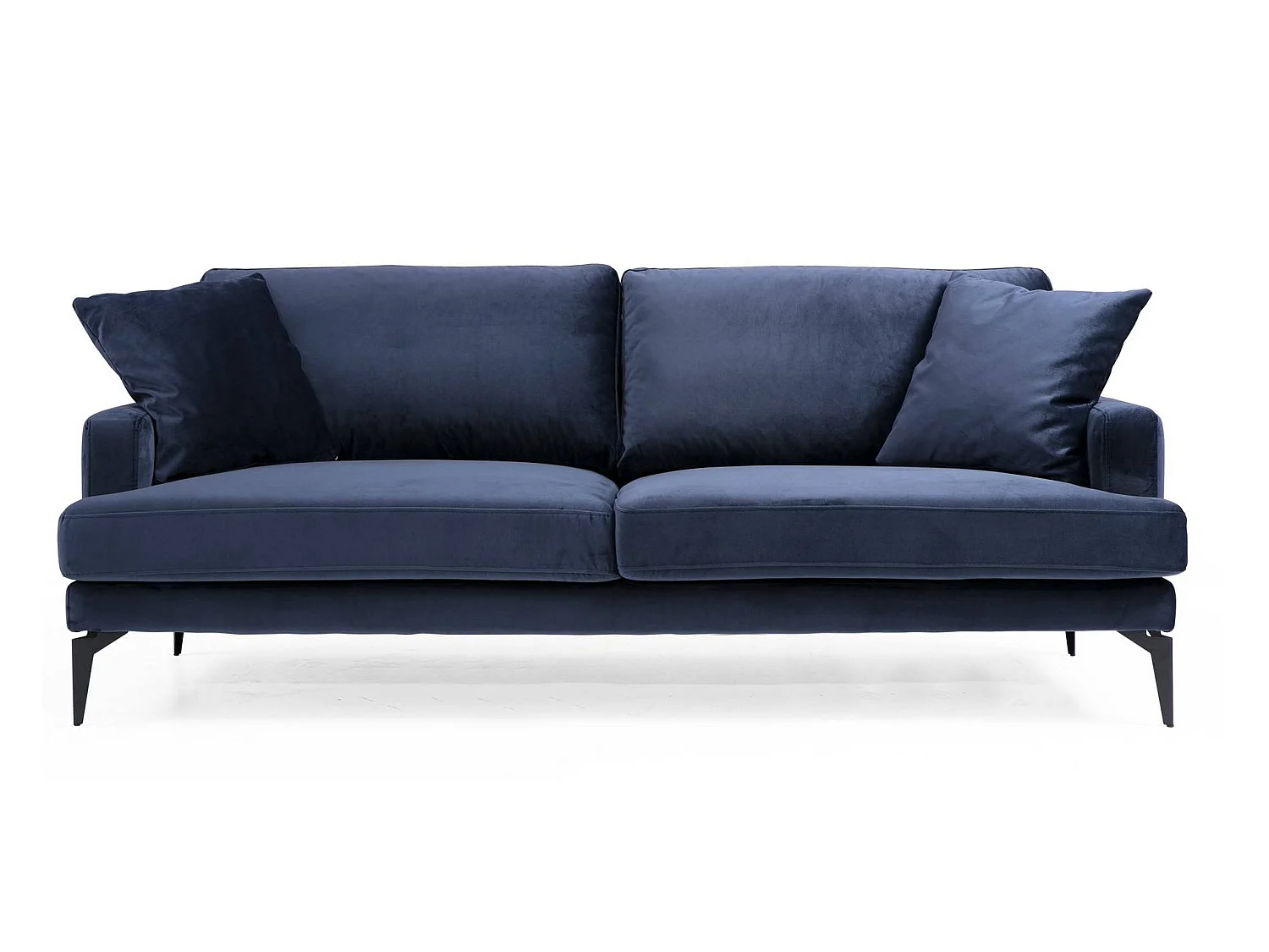 Canapé 3 places design tissu velouté bleu marine et pieds métal noir Kombaz 205cm