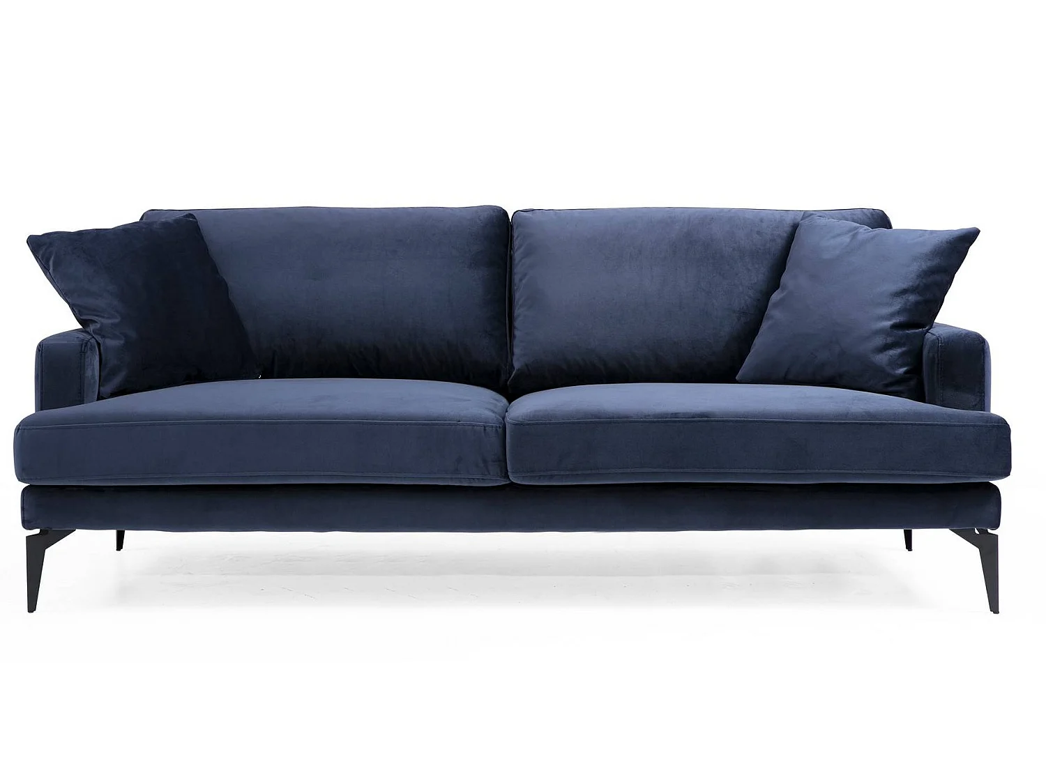 Canapé 3 places design tissu velouté bleu marine et pieds métal noir Kombaz 205cm