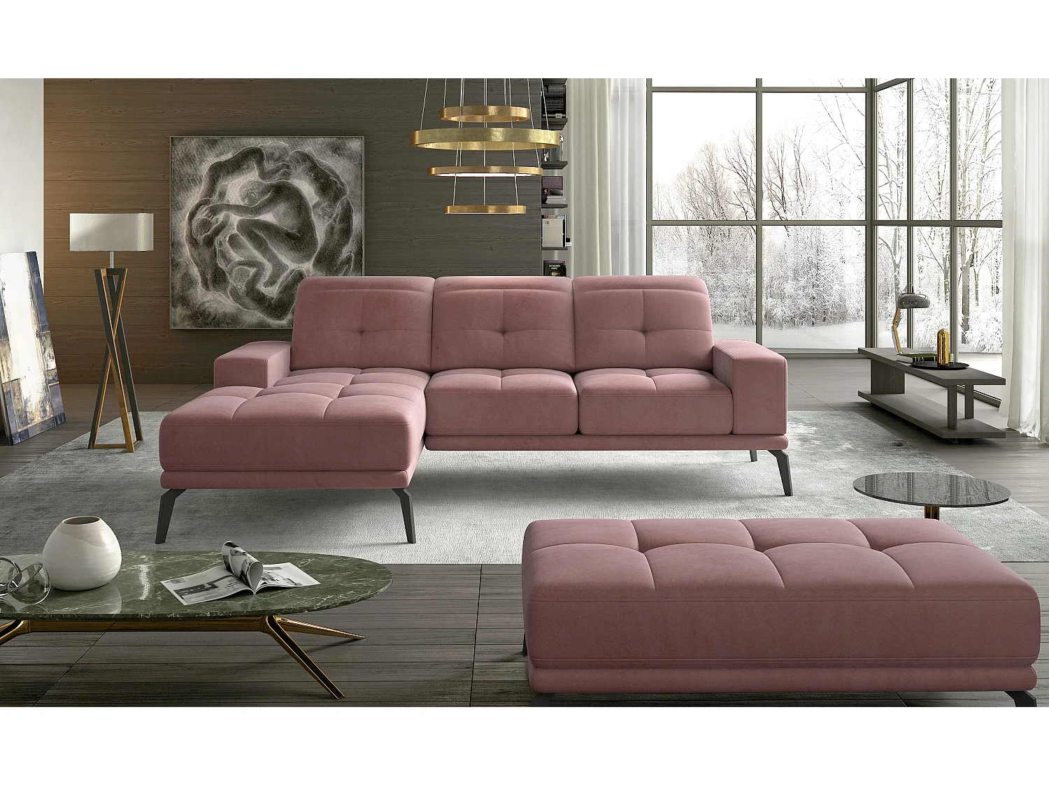 Linkerhoekbank 5 zits roze fluweel Torpille 265 cm