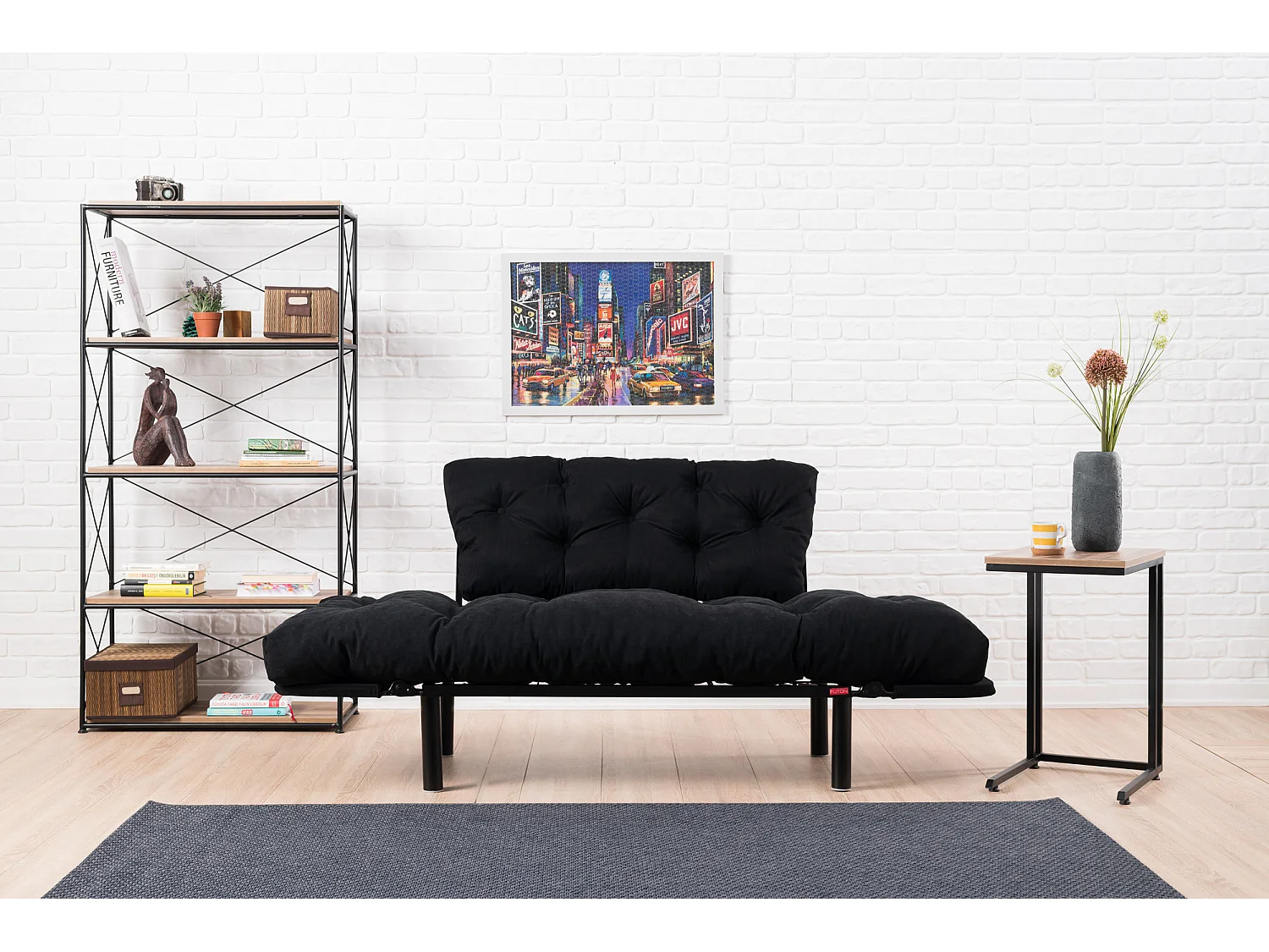 Canapé 2 places transformable en lit tissu noir Pliaz 155cm