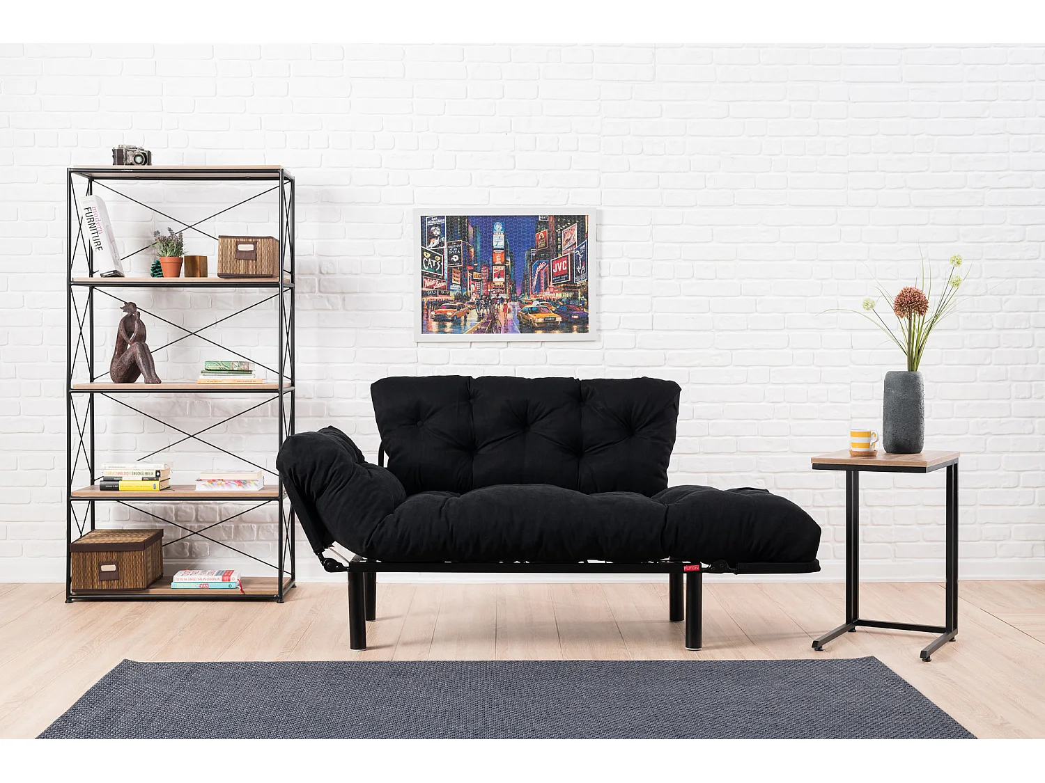 Canapé 2 places transformable en lit tissu noir Pliaz 155cm