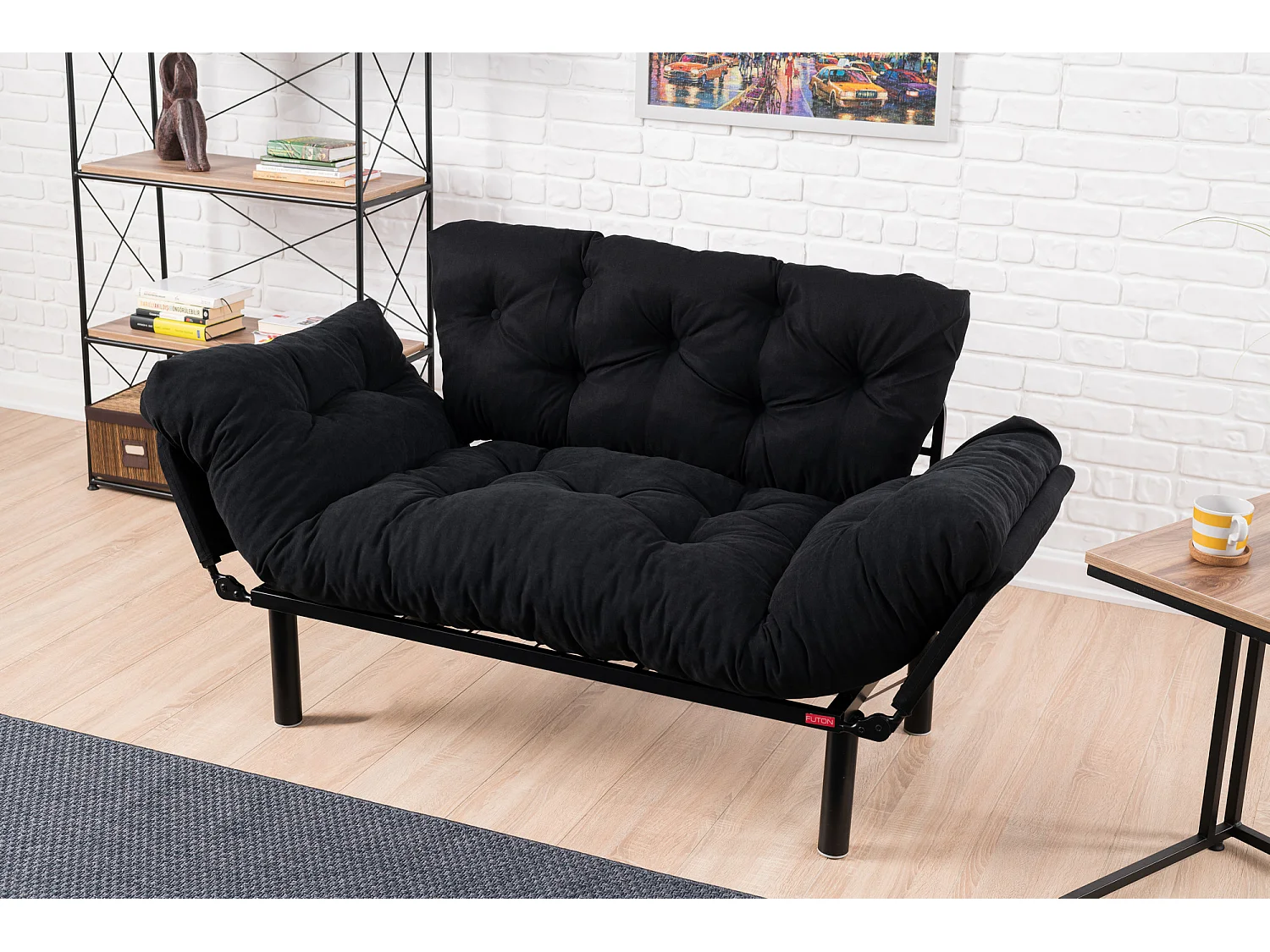 Canapé 2 places transformable en lit tissu noir Pliaz 155cm