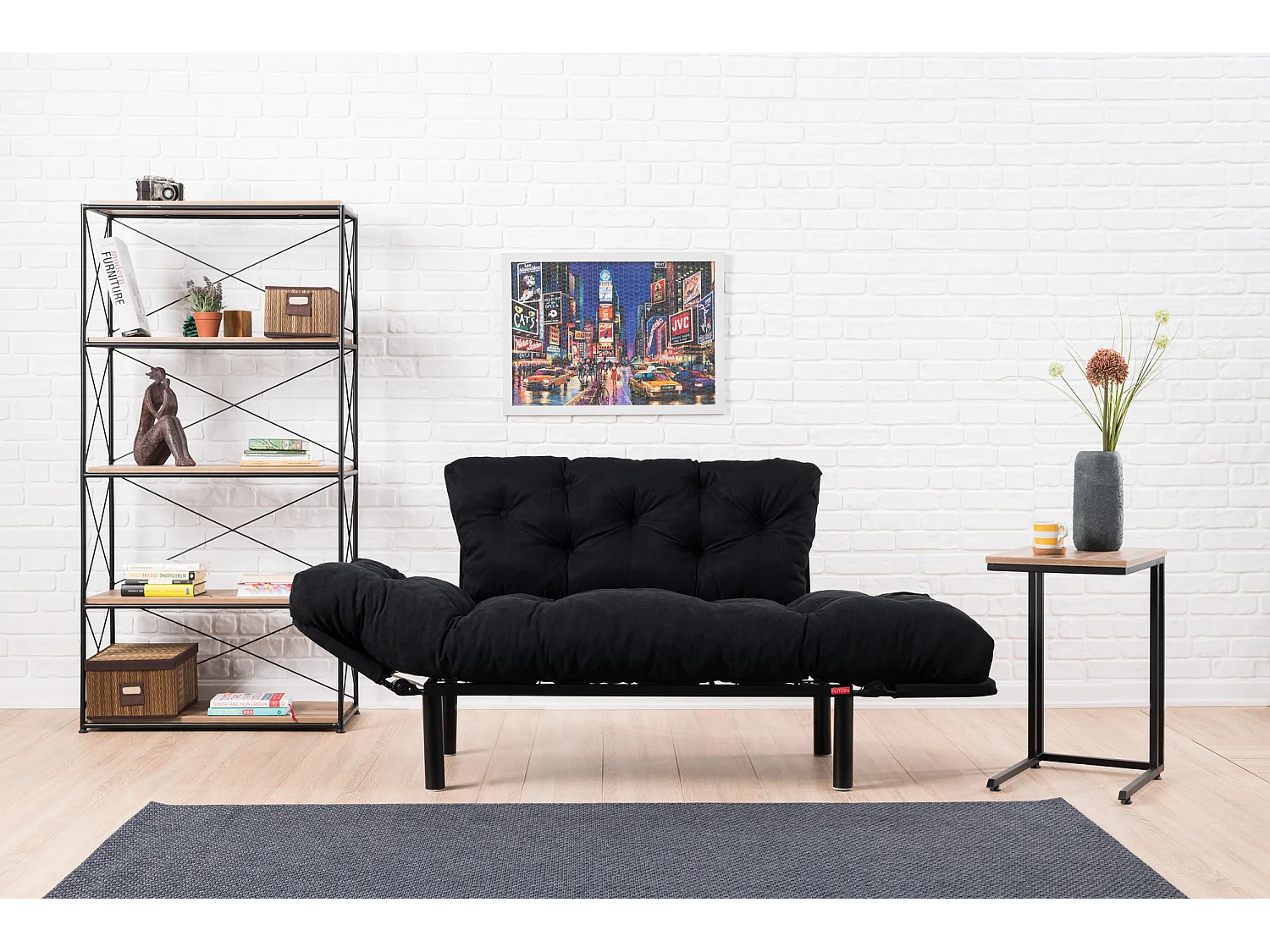 Canapé 2 places transformable en lit tissu noir Pliaz 155cm