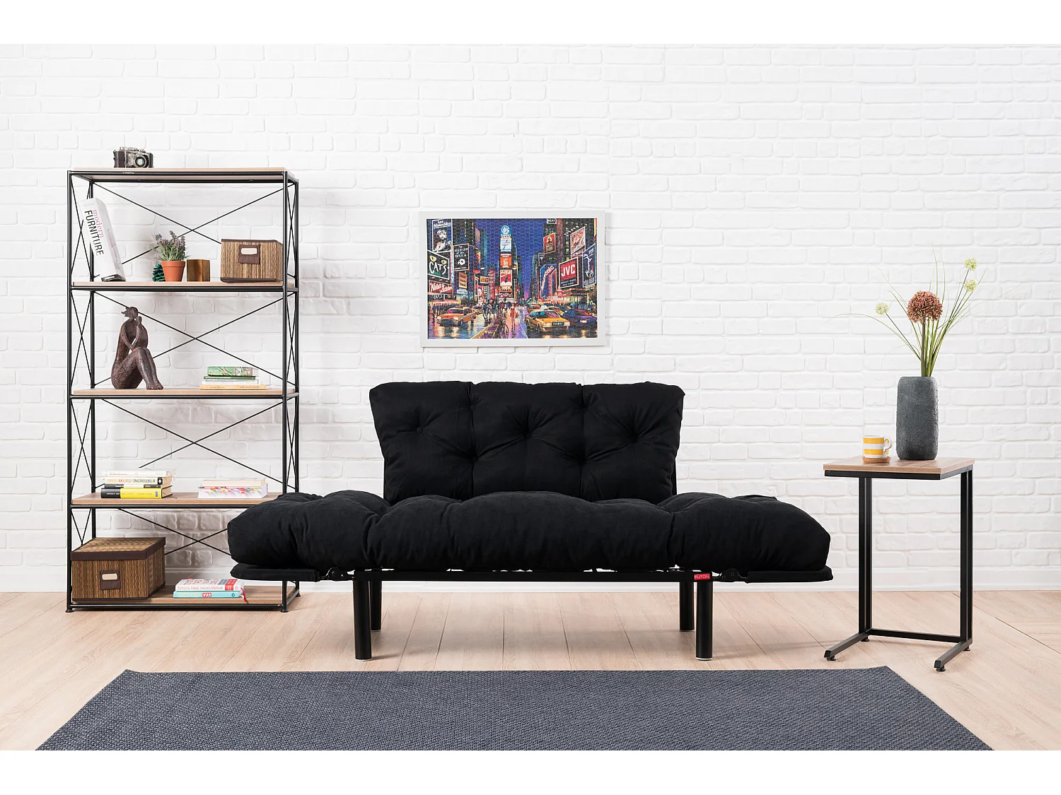 Canapé 2 places transformable en lit tissu noir Pliaz 155cm