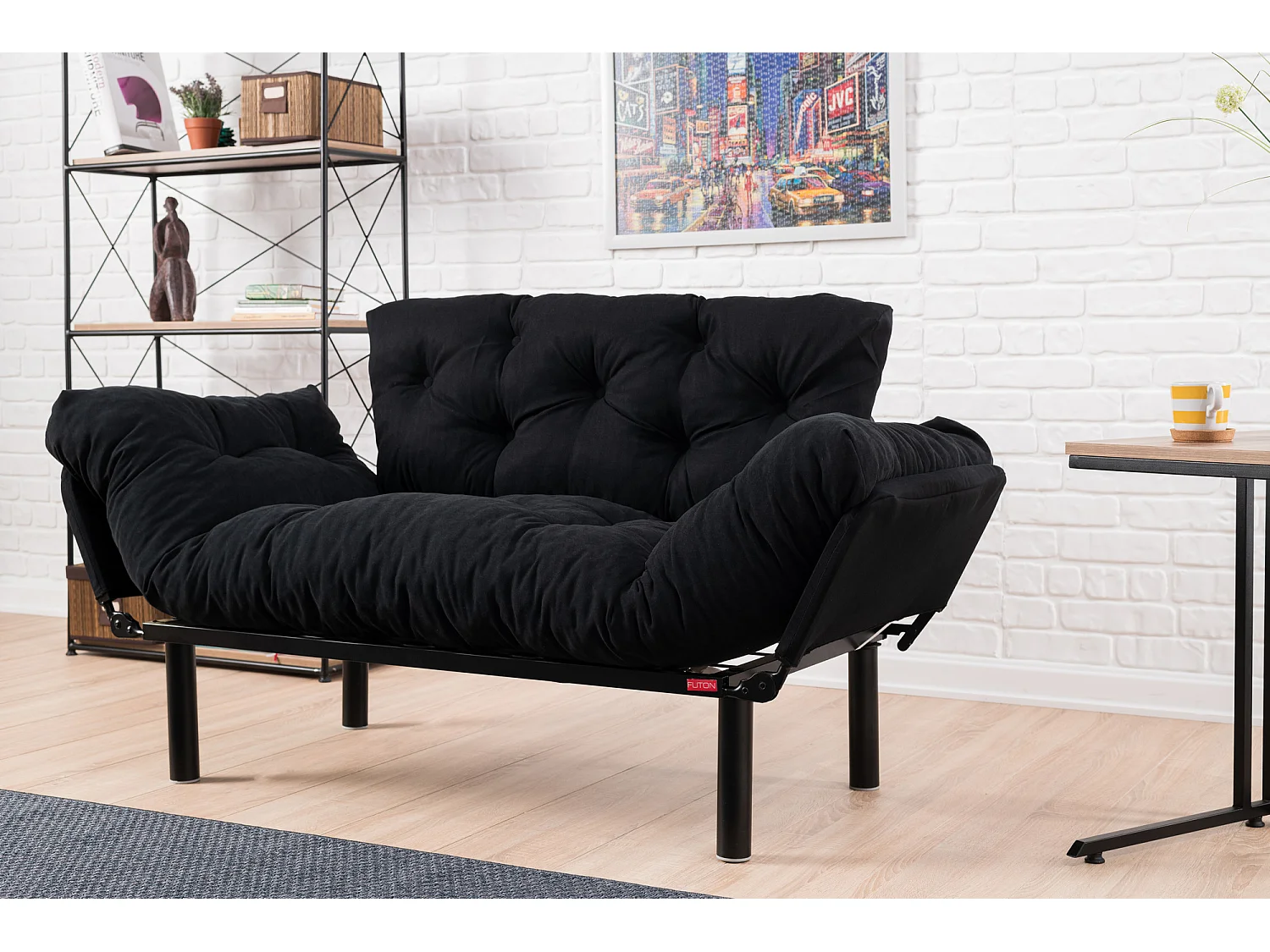 Canapé 2 places transformable en lit tissu noir Pliaz 155cm