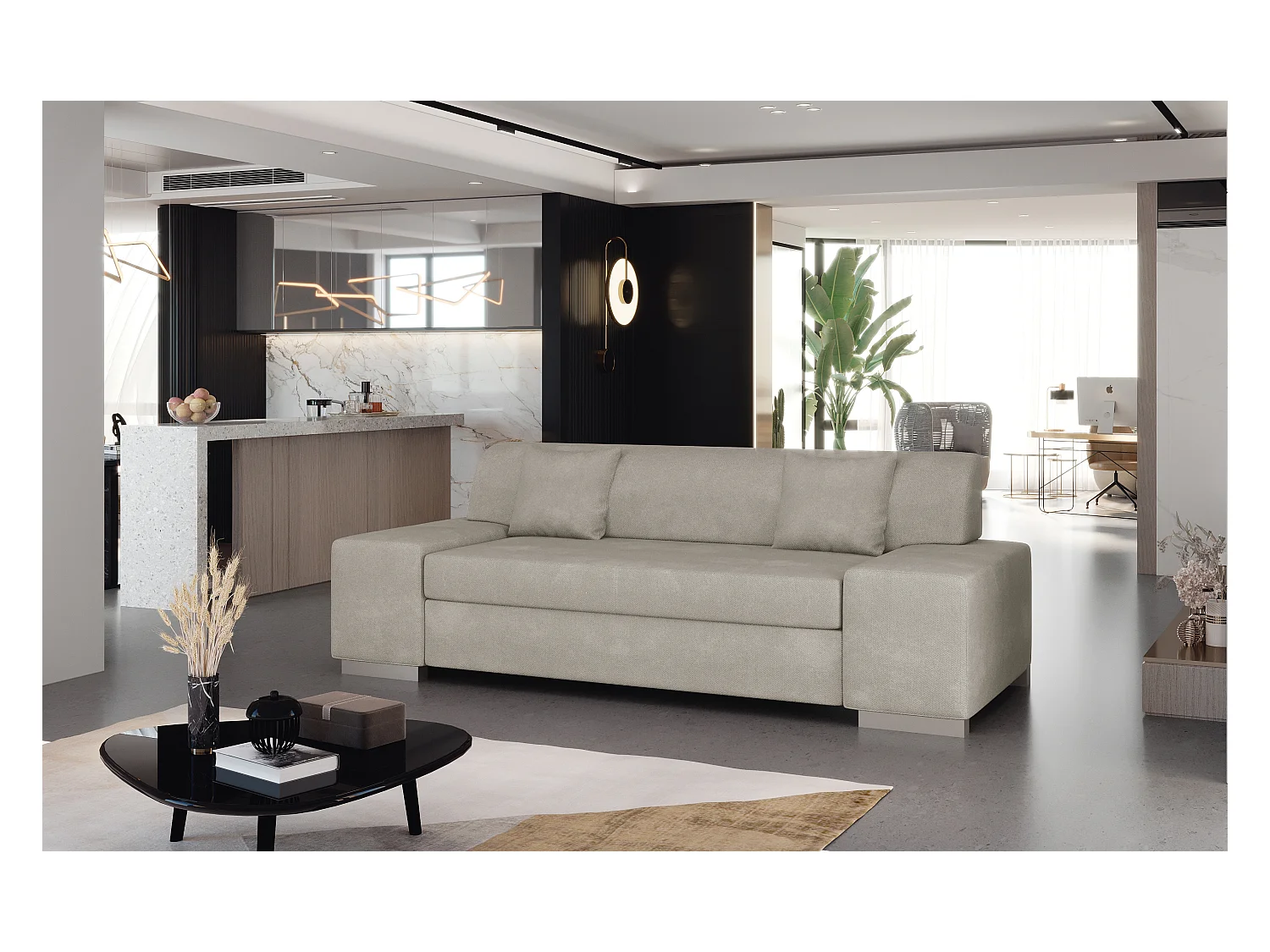 Canapé minimaliste 3-4 places velours beige clair Plazo 210cm