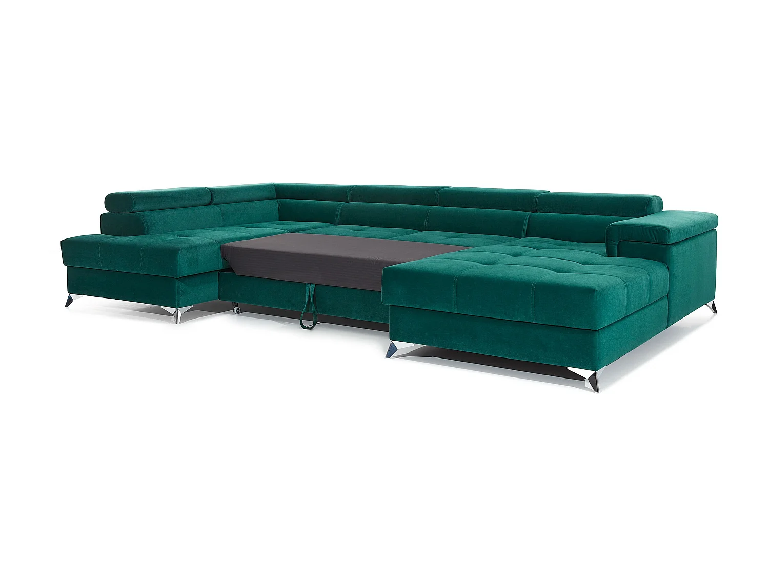 Canapé panoramique velours vert coffre de rangement à gauche Kutty 345cm