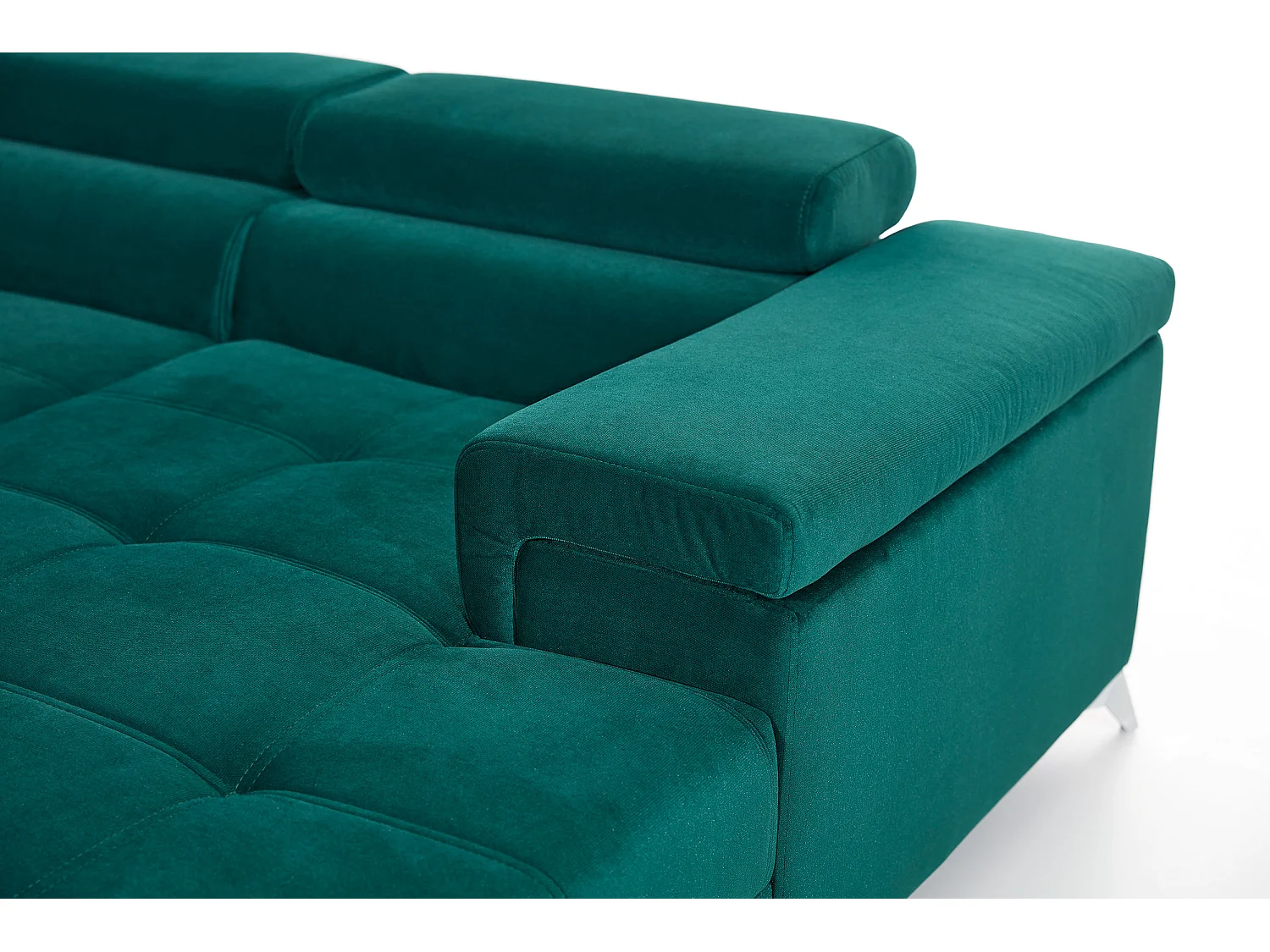 Canapé panoramique velours vert coffre de rangement à gauche Kutty 345cm