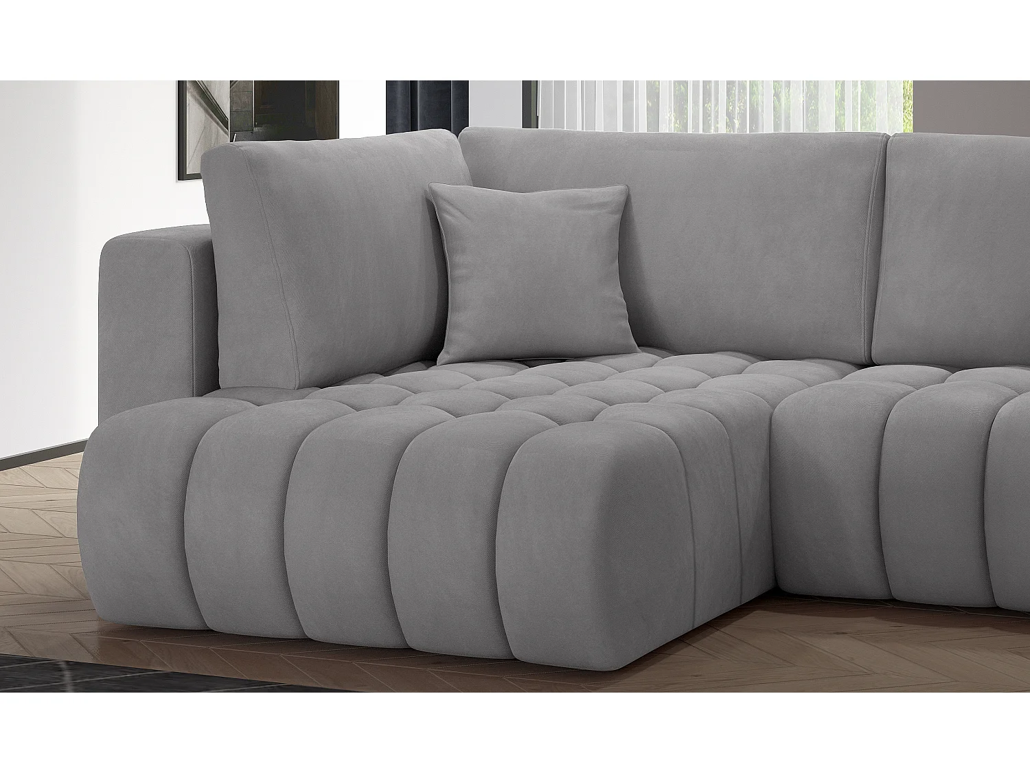 Canapé panoramique convertible design capitonné velours jaune méridienne droite Boston 350cm