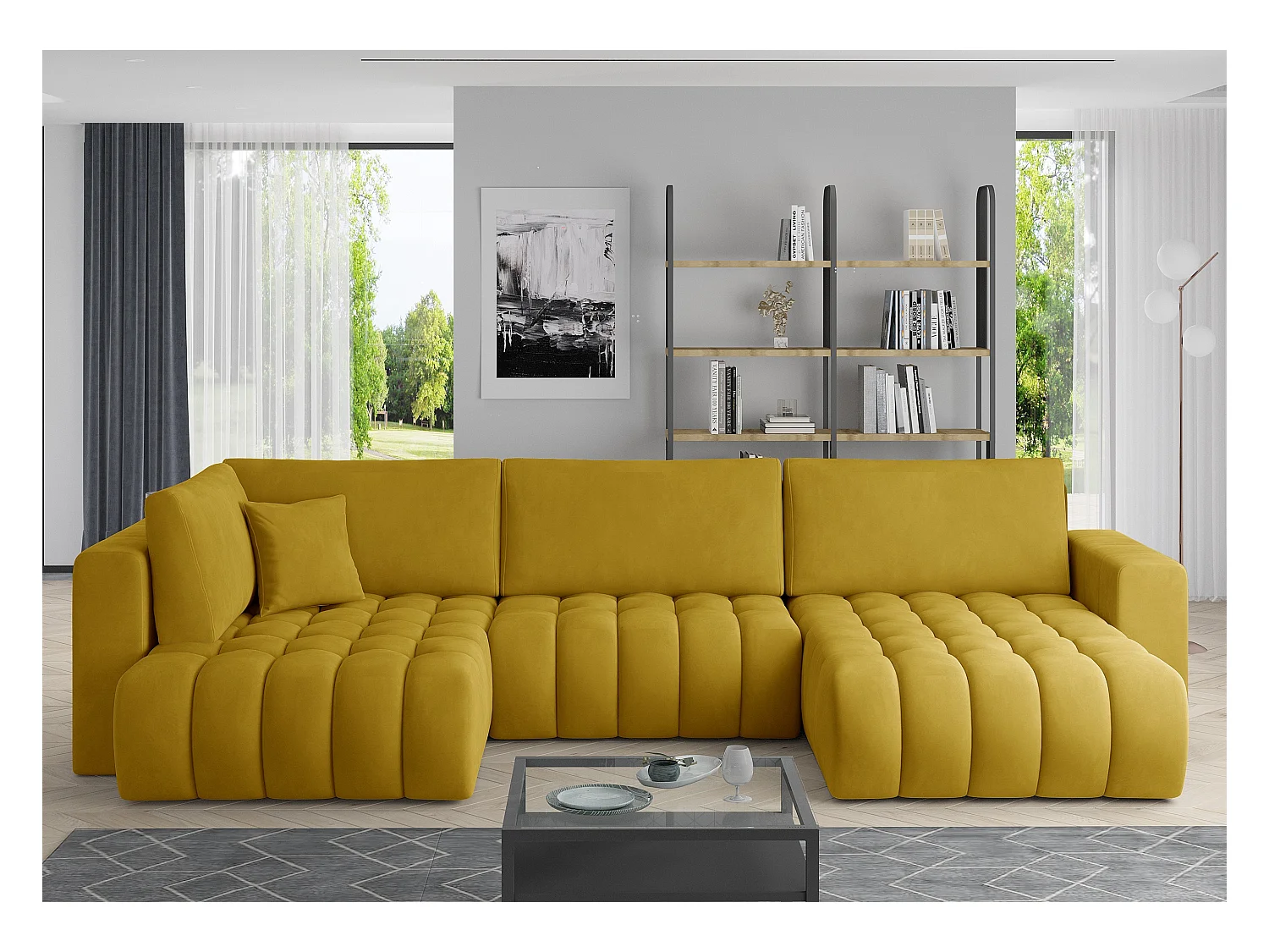 Canapé panoramique convertible design capitonné velours jaune méridienne droite Boston 350cm