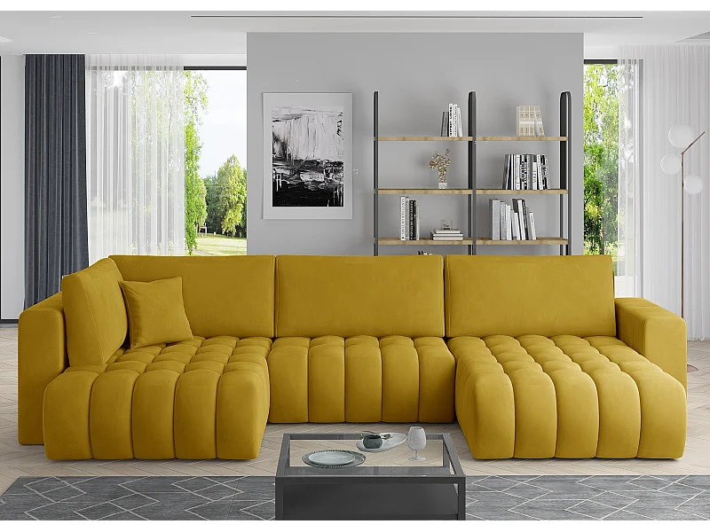 Canapé panoramique convertible design capitonné velours jaune méridienne droite Boston 350cm