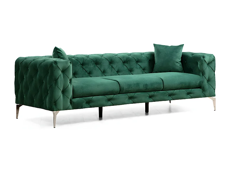 Canapé 3 places capitonné velours vert et pieds chromés Herakles 237cm