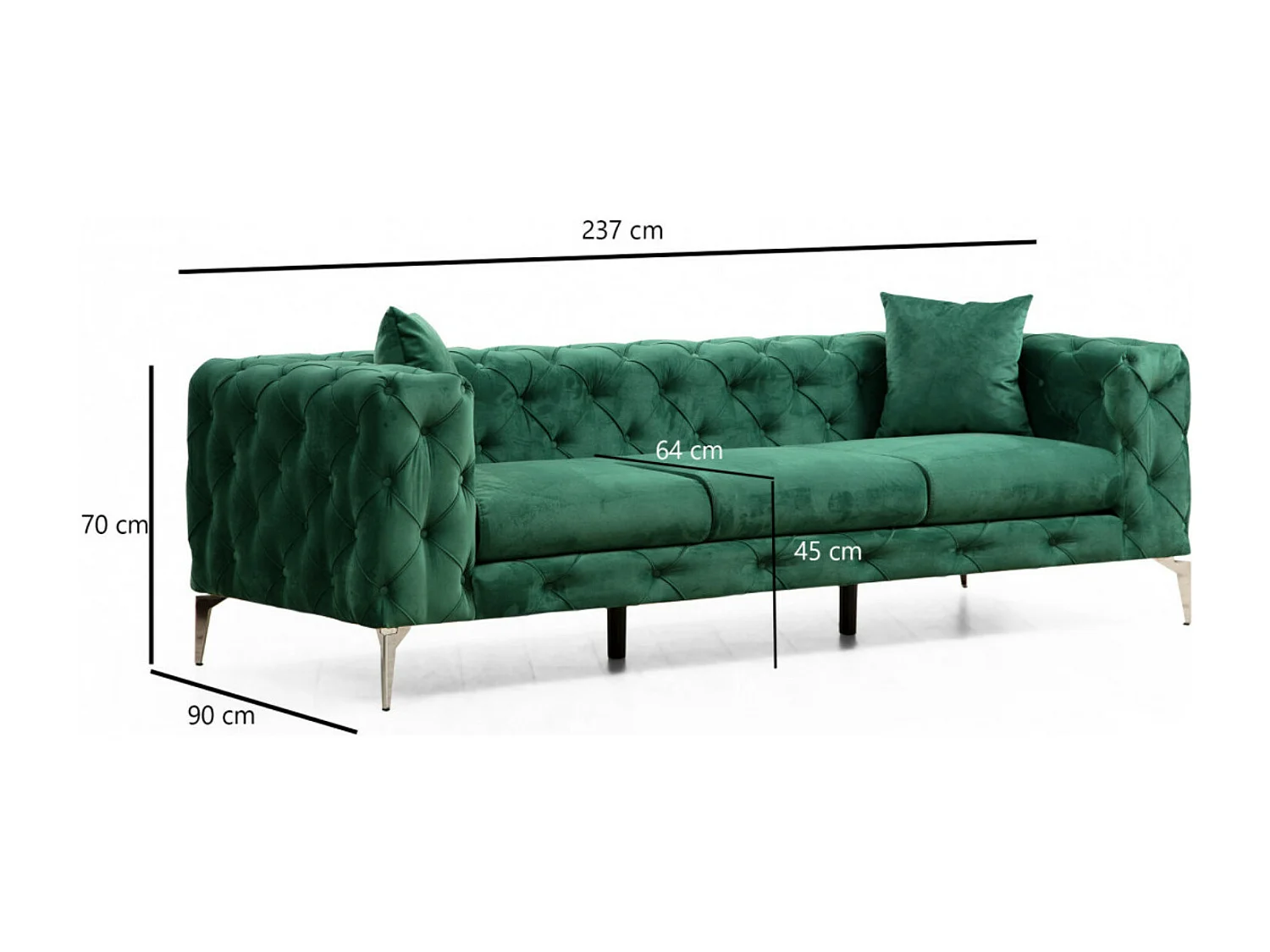 Canapé 3 places capitonné velours vert et pieds chromés Herakles 237cm
