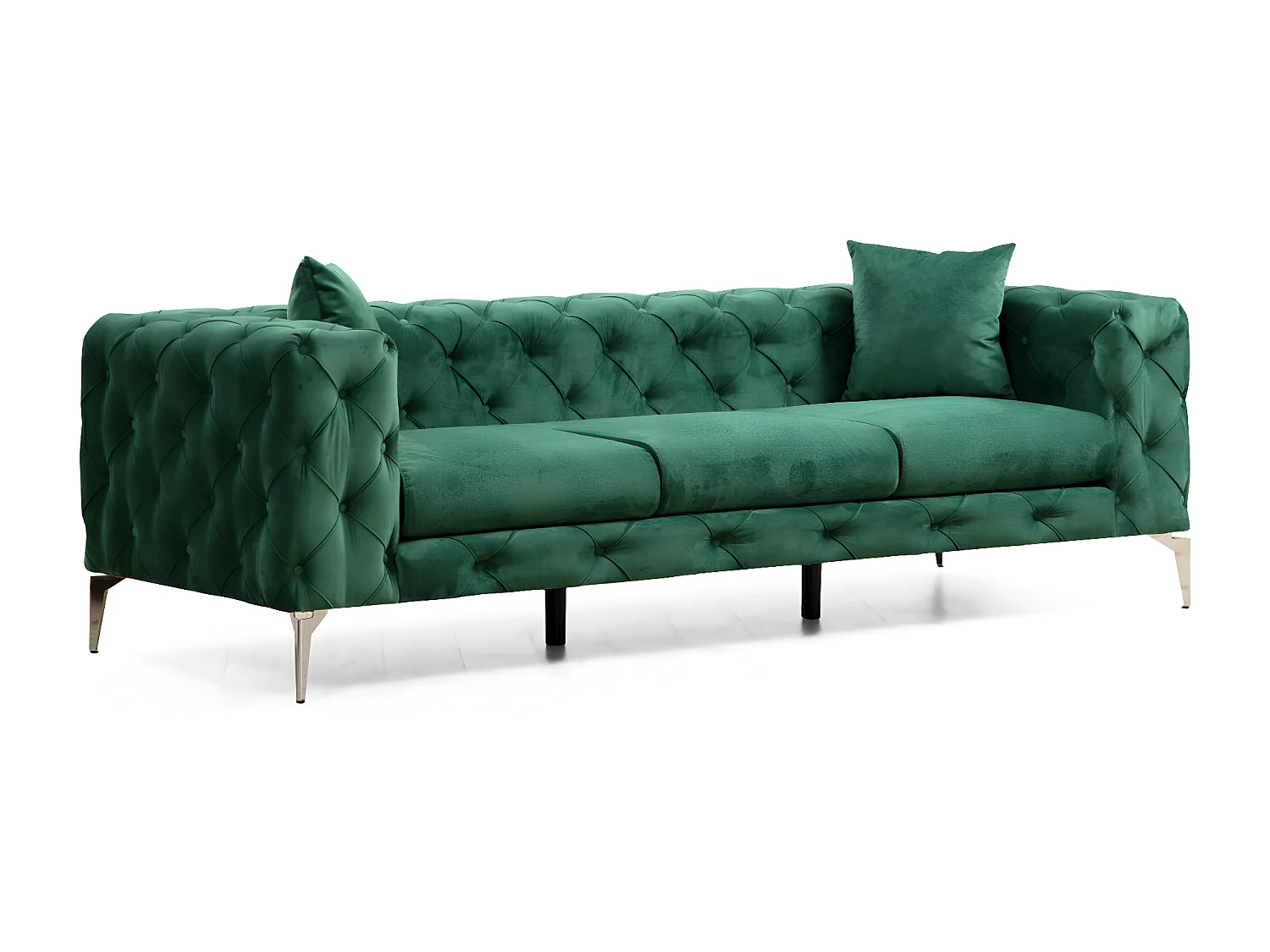 Canapé 3 places capitonné velours vert et pieds chromés Herakles 237cm