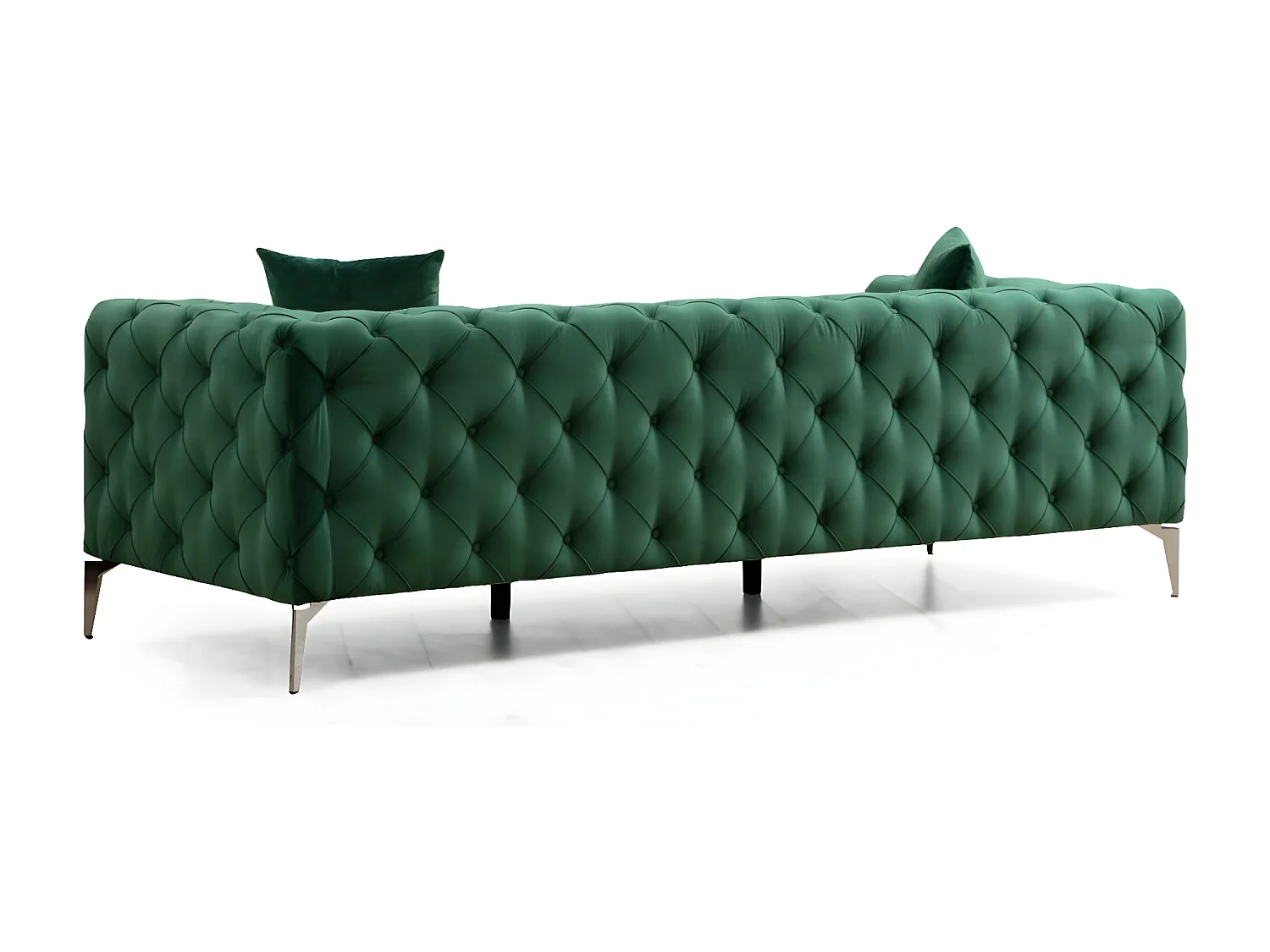 Canapé 3 places capitonné velours vert et pieds chromés Herakles 237cm