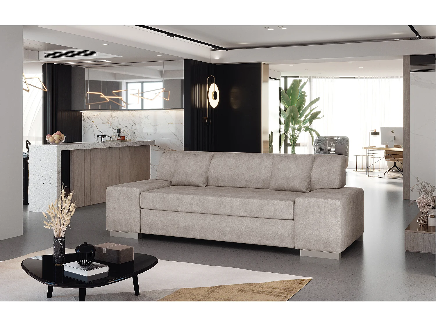 Minimalistische 3/4-zitsbank donkerbeige stof Plazo 210 cm