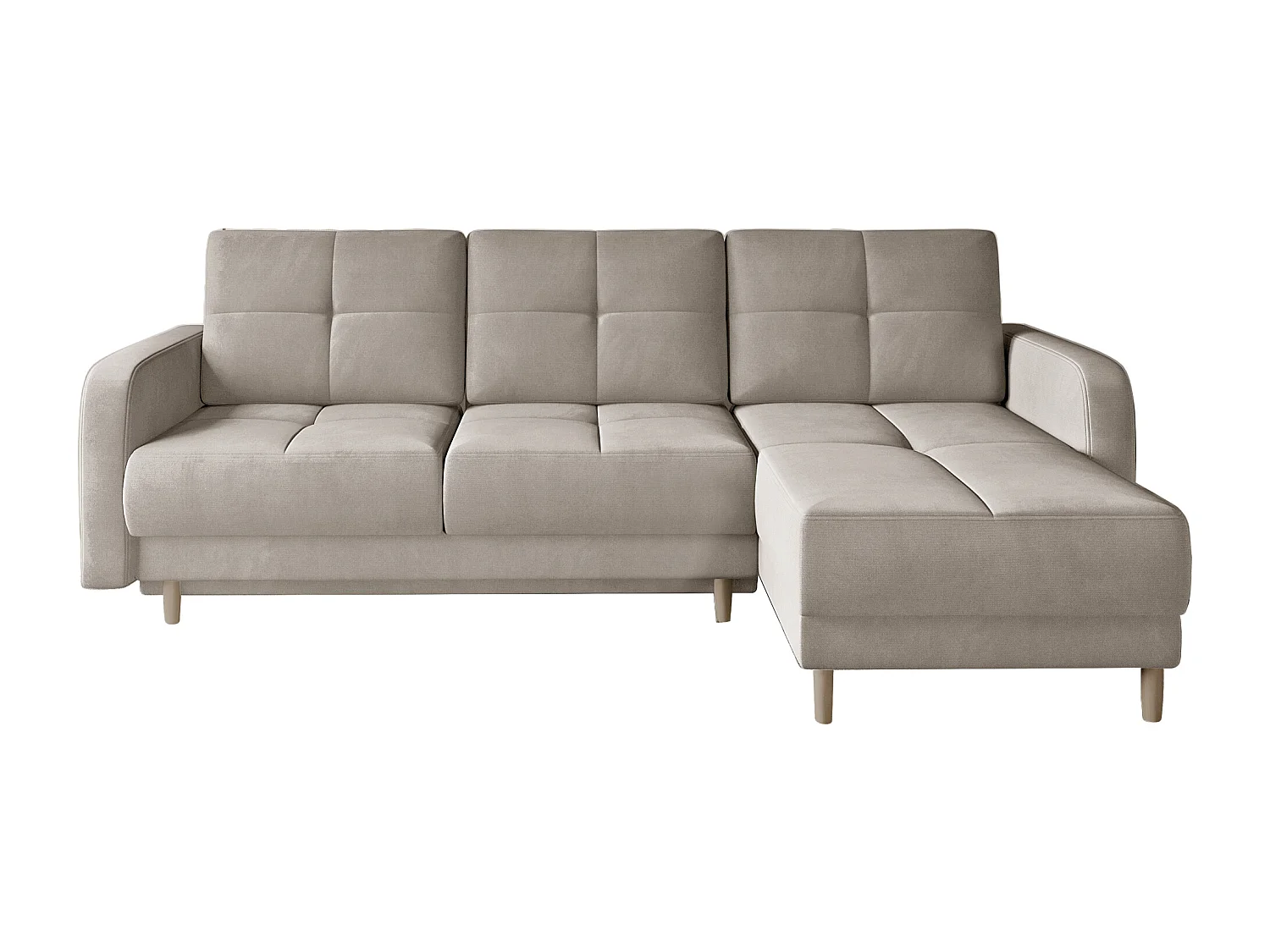 Scandinavische omkeerbare hoekbank in beige fluweel en lichte houten poten Kindo 240 cm