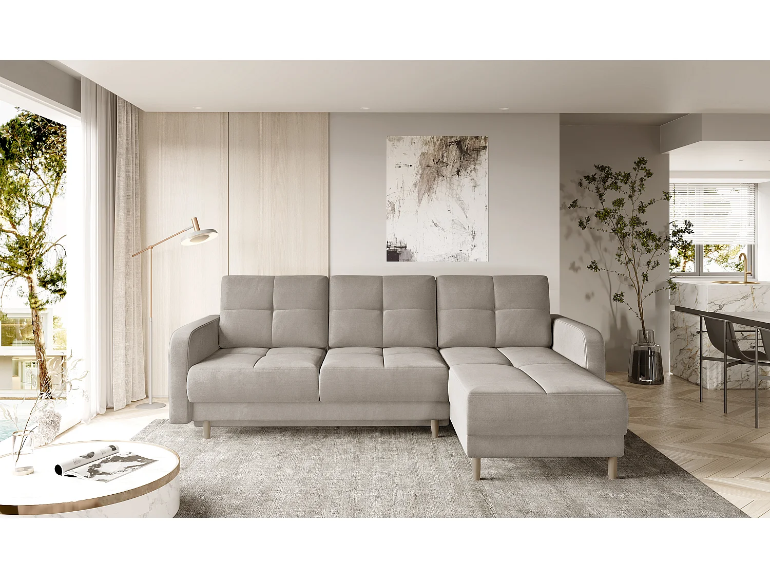 Canapé angle réversible Scandinave velours beige et pieds bois clair Kindo 240cm