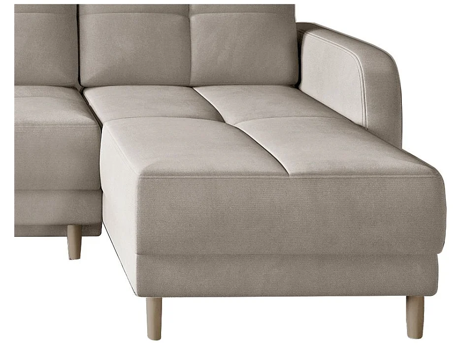 Canapé angle réversible Scandinave velours beige et pieds bois clair Kindo 240cm