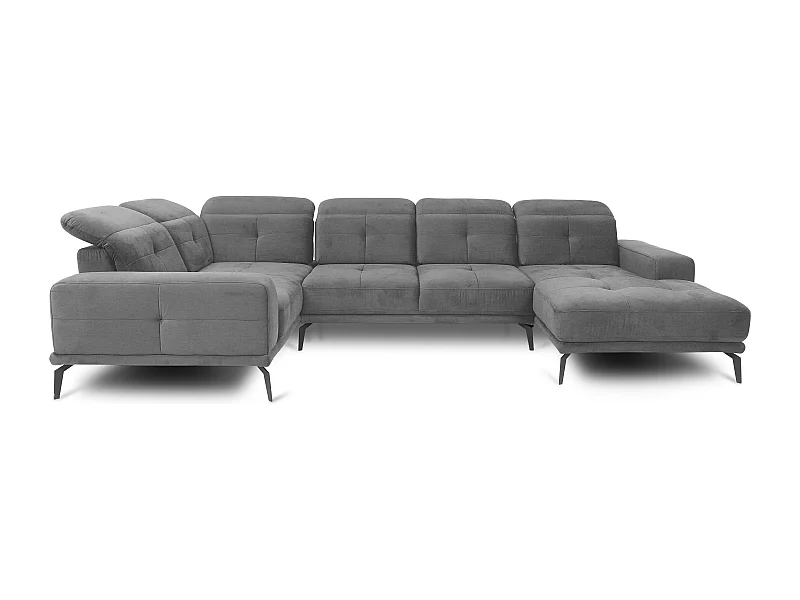 Canapé panoramique design tissu gris têtières angle gauche avec accoudoir Stan 350cm