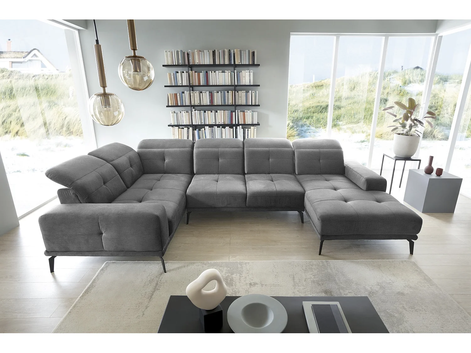 Canapé panoramique design tissu gris têtières angle gauche avec accoudoir Stan 350cm