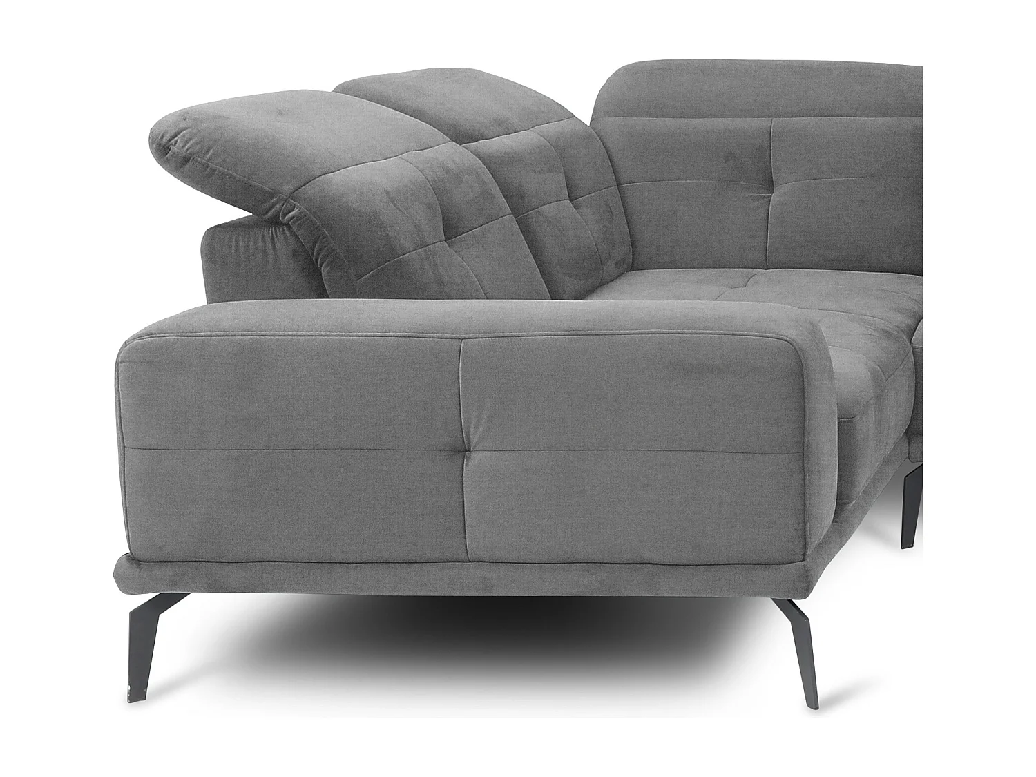 Canapé panoramique design tissu gris têtières angle gauche avec accoudoir Stan 350cm