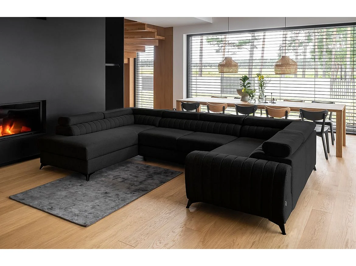 Canapé panoramique convertible tissu noir avec coffre de rangement Louve 340cm-Coffre de rangement à gauche