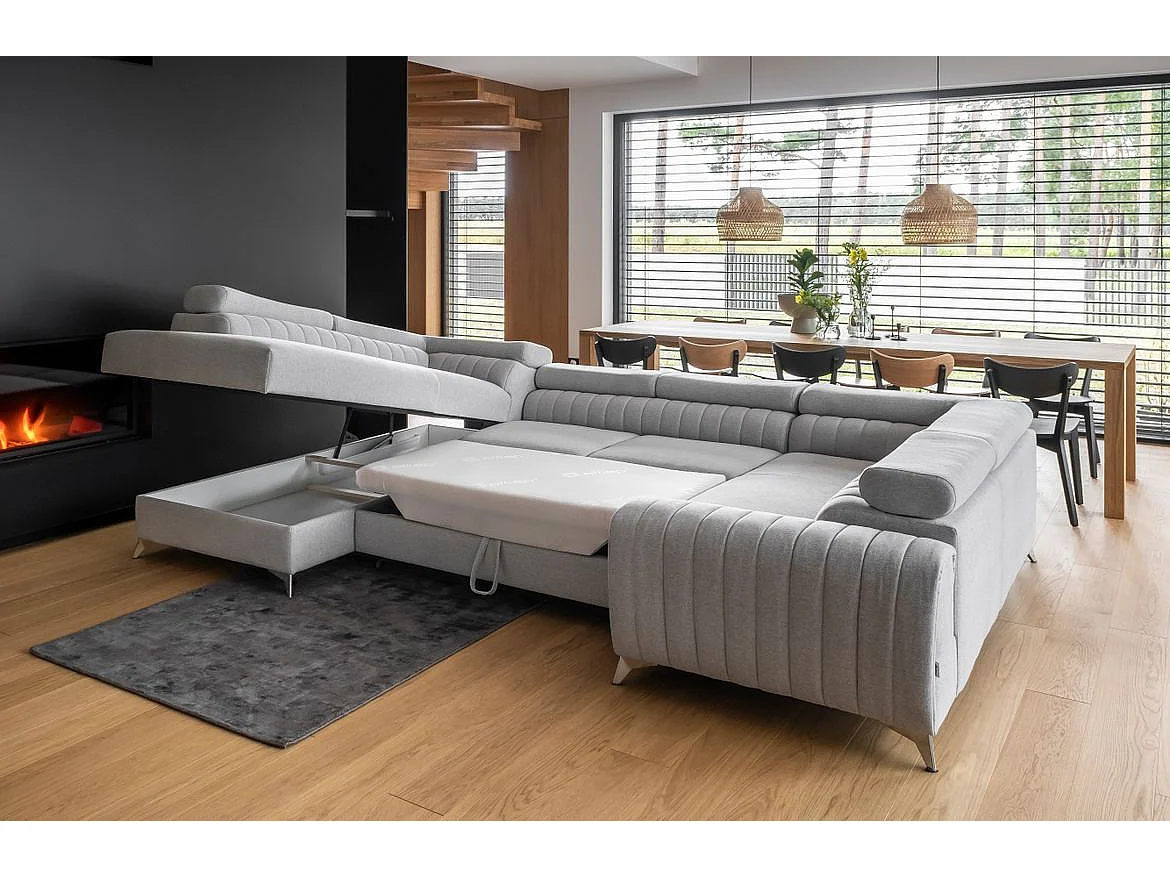 Canapé panoramique convertible tissu noir avec coffre de rangement Louve 340cm-Coffre de rangement à gauche