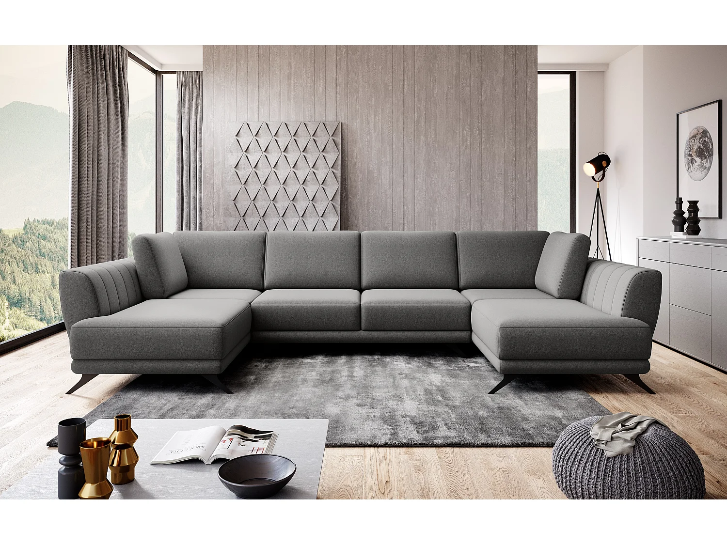 Canapé d'angle panoramique 6 places tissu gris foncé Largos 362cm