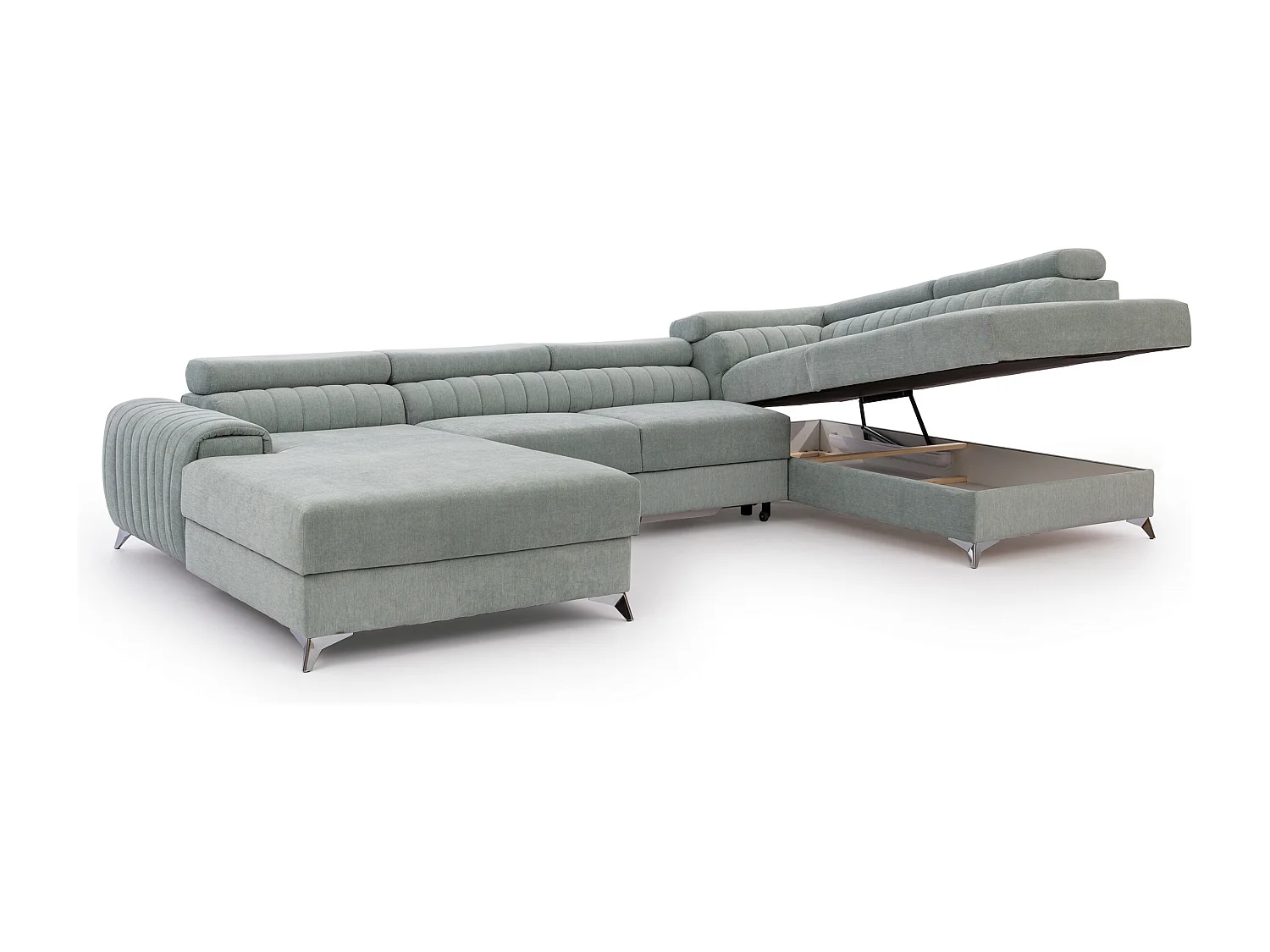 Canapé d'angle U tissu doux brillant gris clair coffre de rangement à droite Kalante 347cm