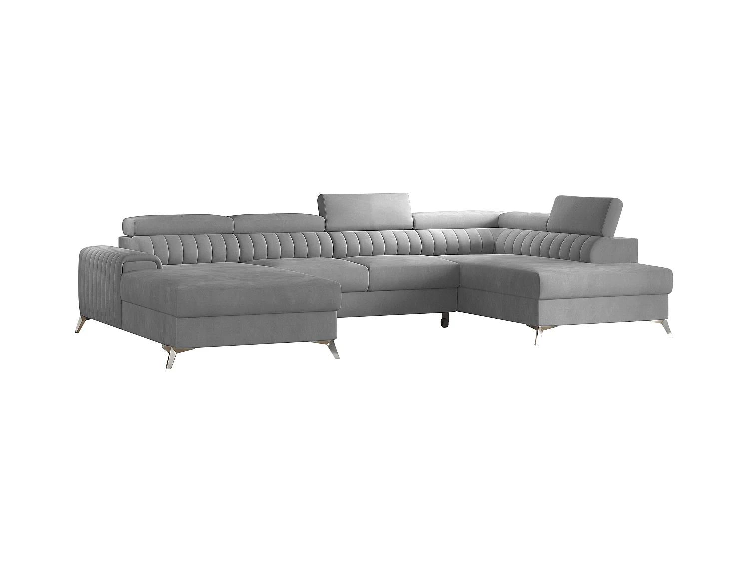 Canapé d'angle U tissu doux brillant gris clair coffre de rangement à droite Kalante 347cm