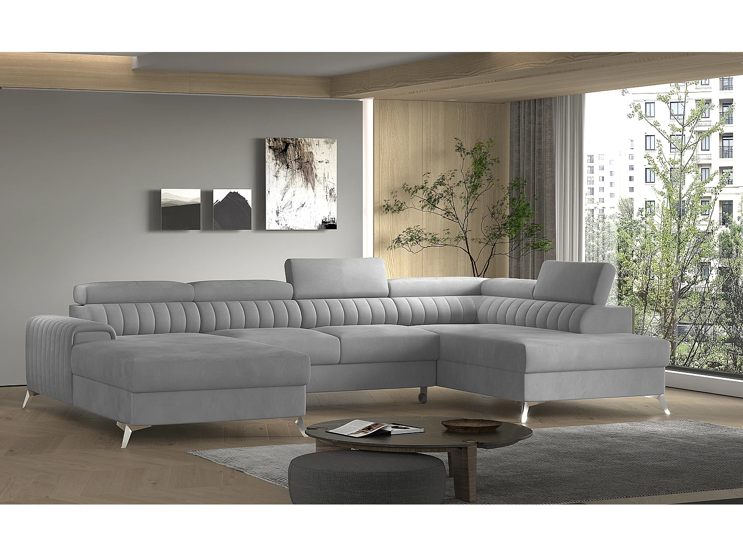 Canapé d'angle U tissu doux brillant gris clair coffre de rangement à droite Kalante 347cm