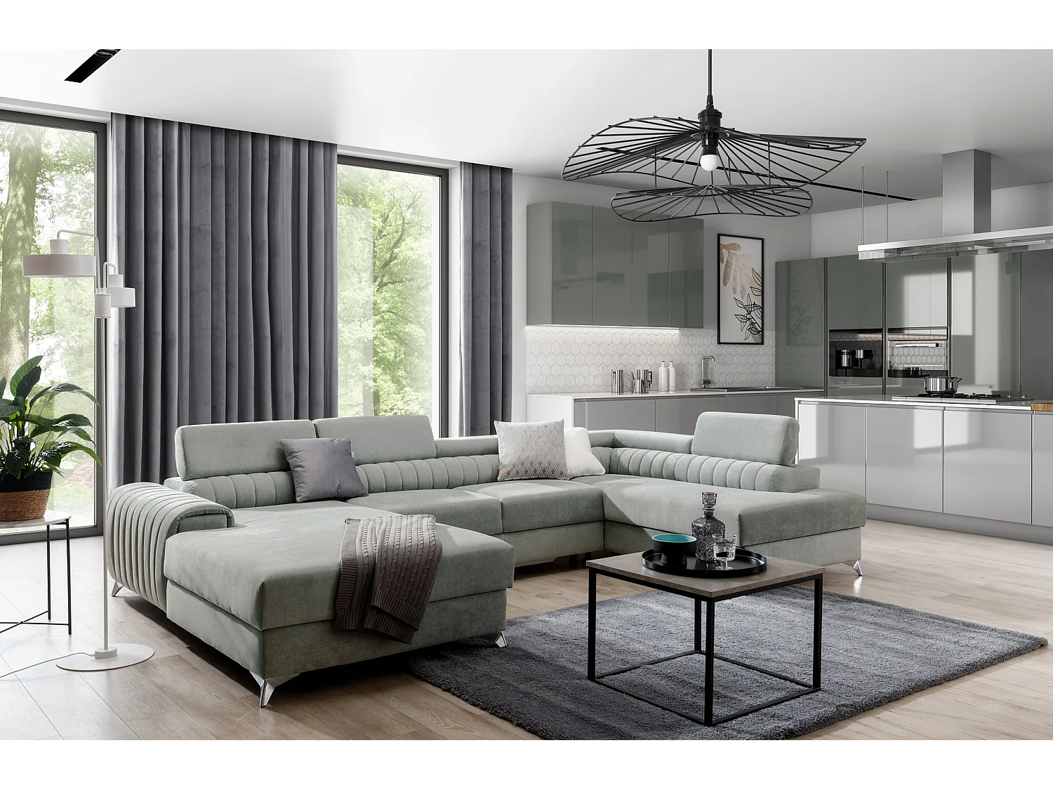 Canapé d'angle U tissu doux brillant gris clair coffre de rangement à droite Kalante 347cm