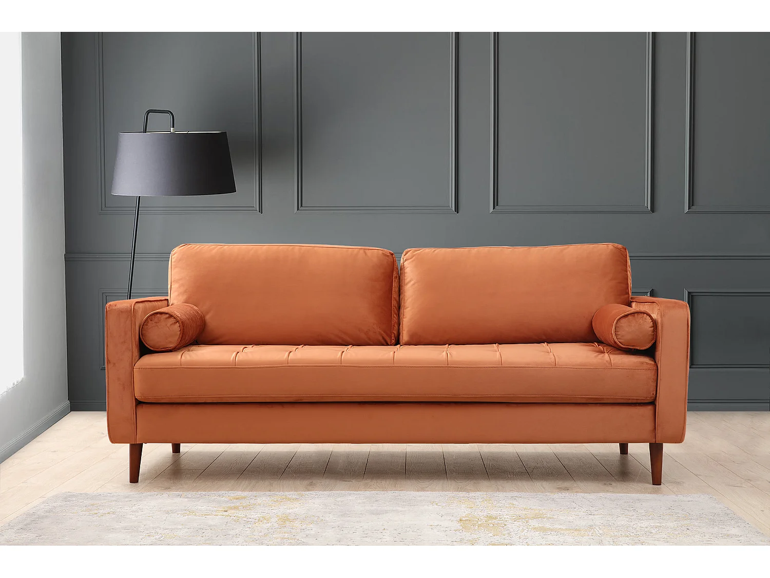 Canapé 3 places velours orange Romuza 215cm