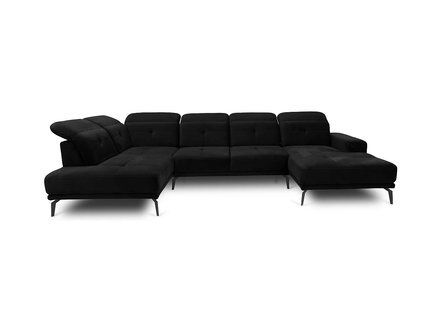 Canapé panoramique moderne tissu noir têtières angle gauche Versus 350cm