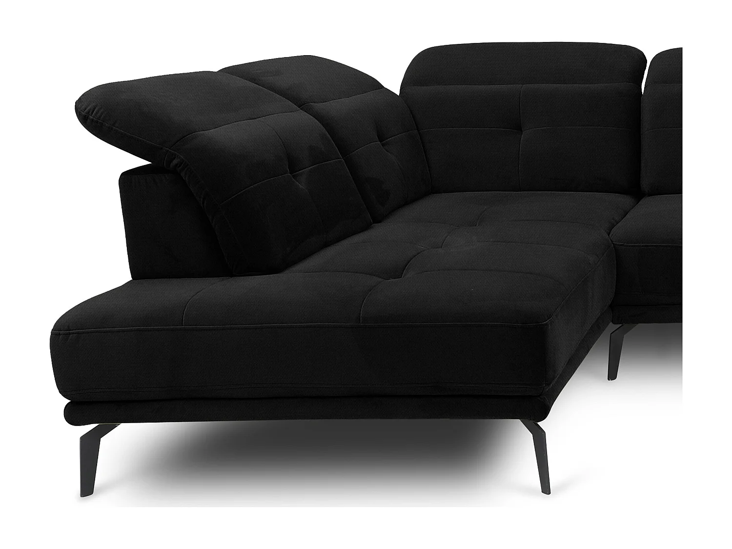 Canapé panoramique moderne tissu noir têtières angle gauche Versus 350cm