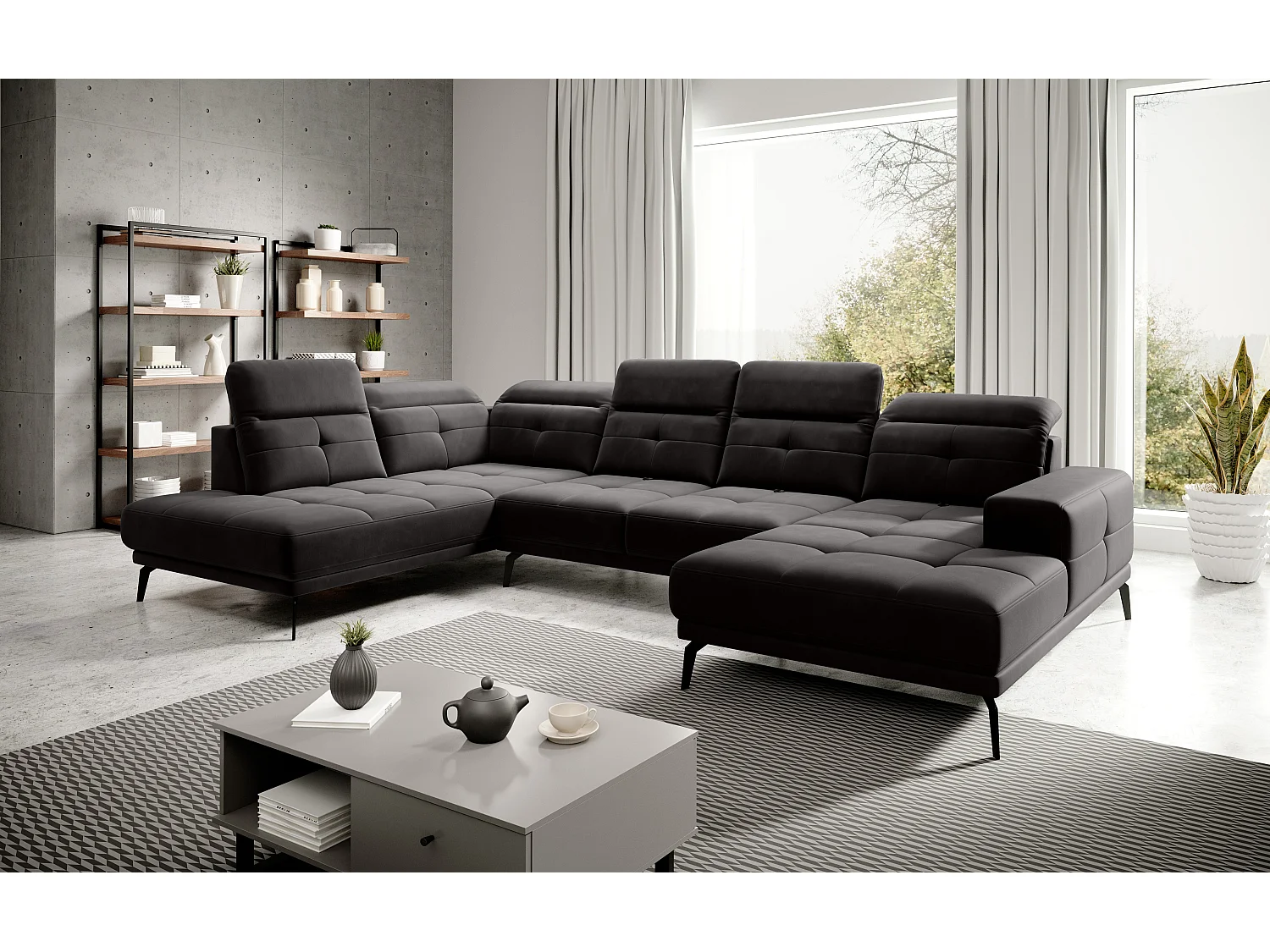 Moderne panoramische bank zwarte stof linkerhoek hoofdsteunen Versus 350 cm