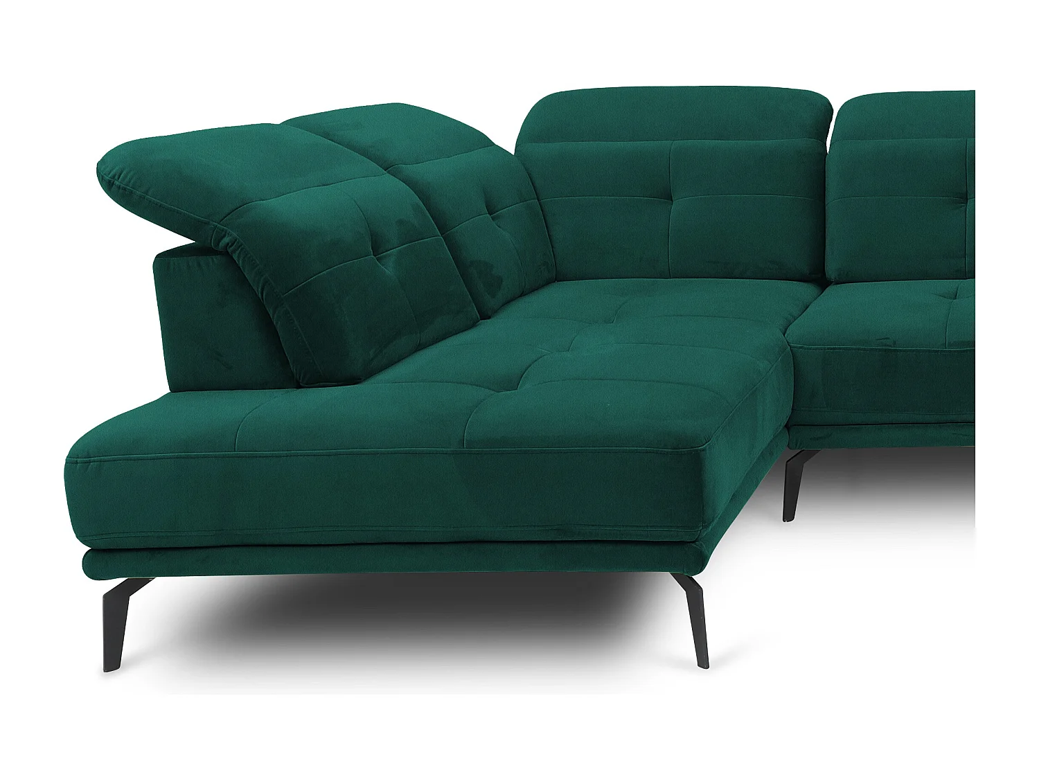 Canapé panoramique moderne velours vert foncé têtières angle gauche Versus 350cm