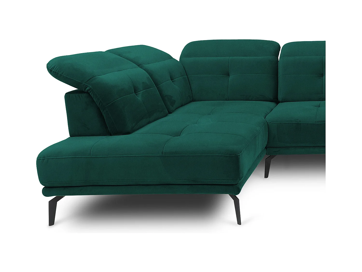Canapé panoramique moderne velours vert foncé têtières angle gauche Versus 350cm