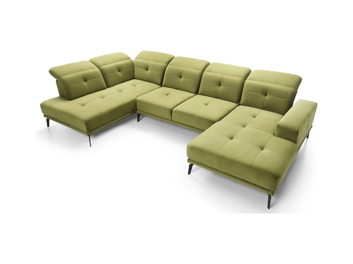 Canapé panoramique moderne velours vert foncé têtières angle gauche Versus 350cm